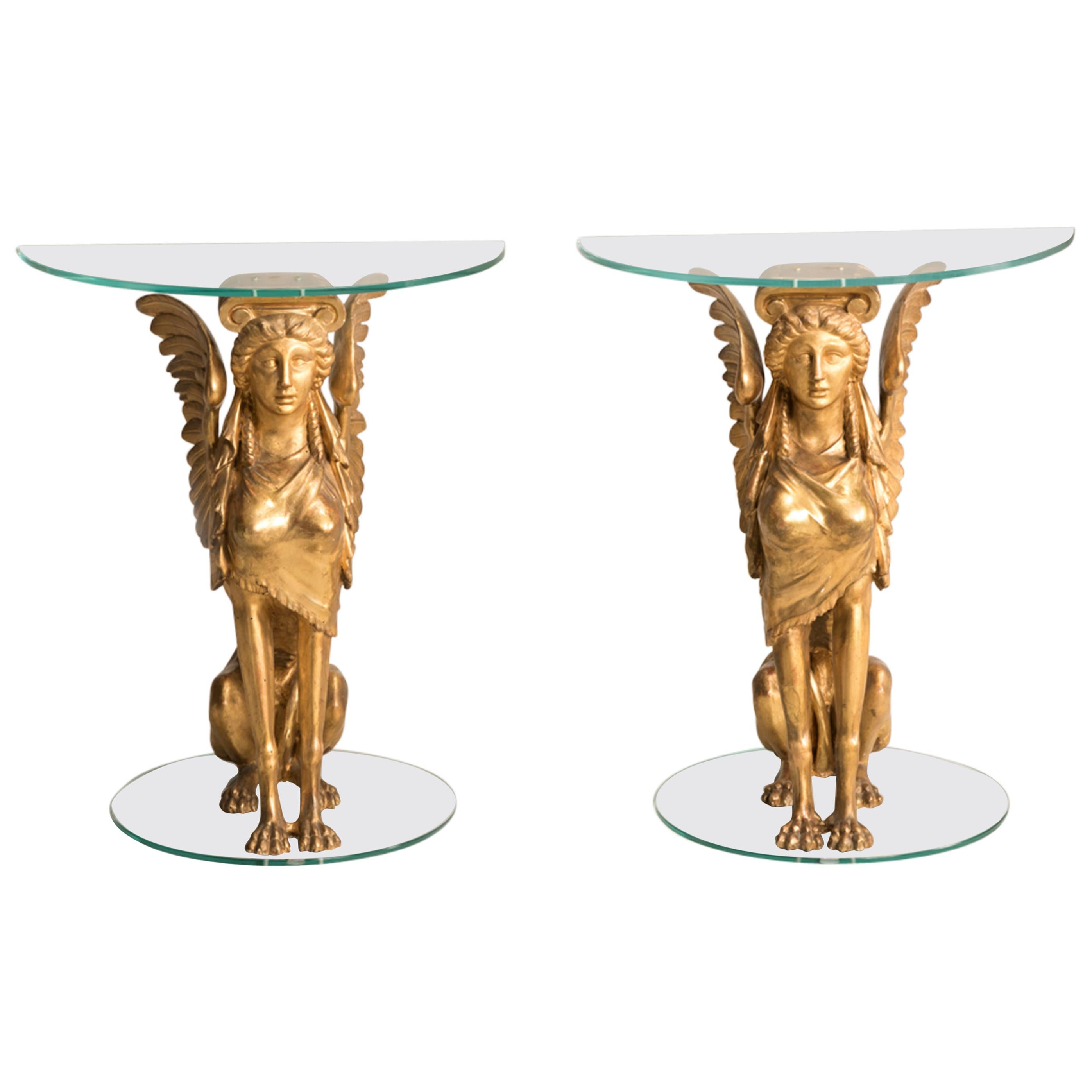 19th Century Italian Empire Period Giltwood Sphinxes Console Demilune Tables