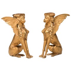 Antique 19th Century Italian Empire Period Giltwood Sphinxes, Set of Two Bases