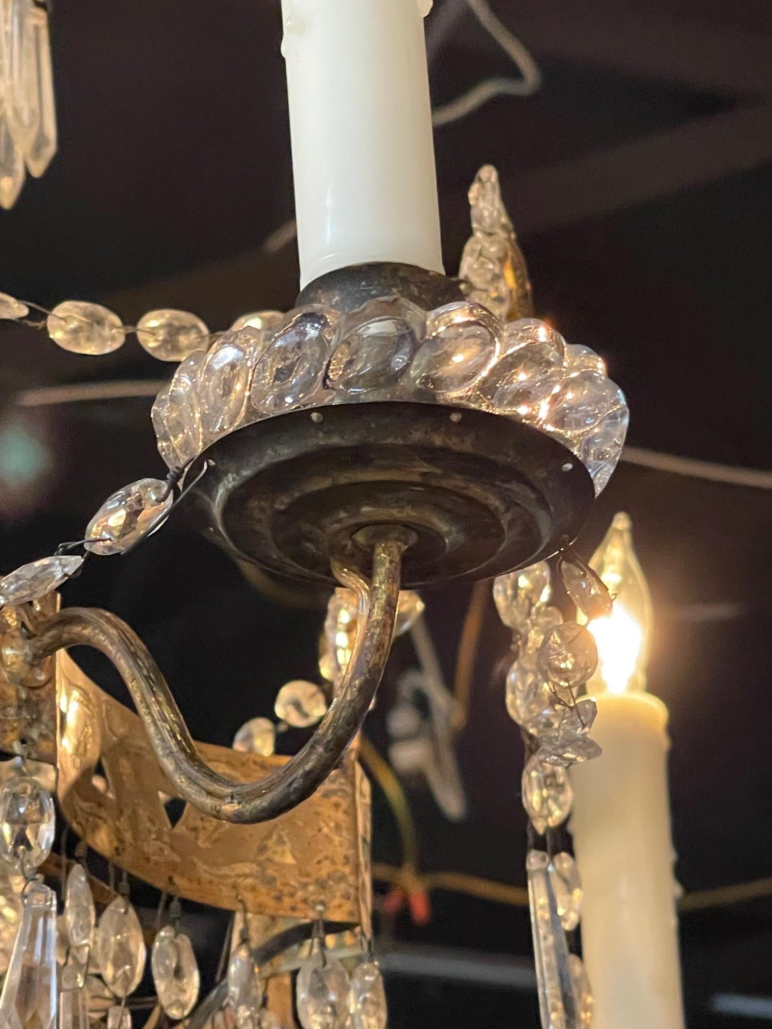 Bronze 19th Century Italian Empire Style Crystal and Tole Chandelier