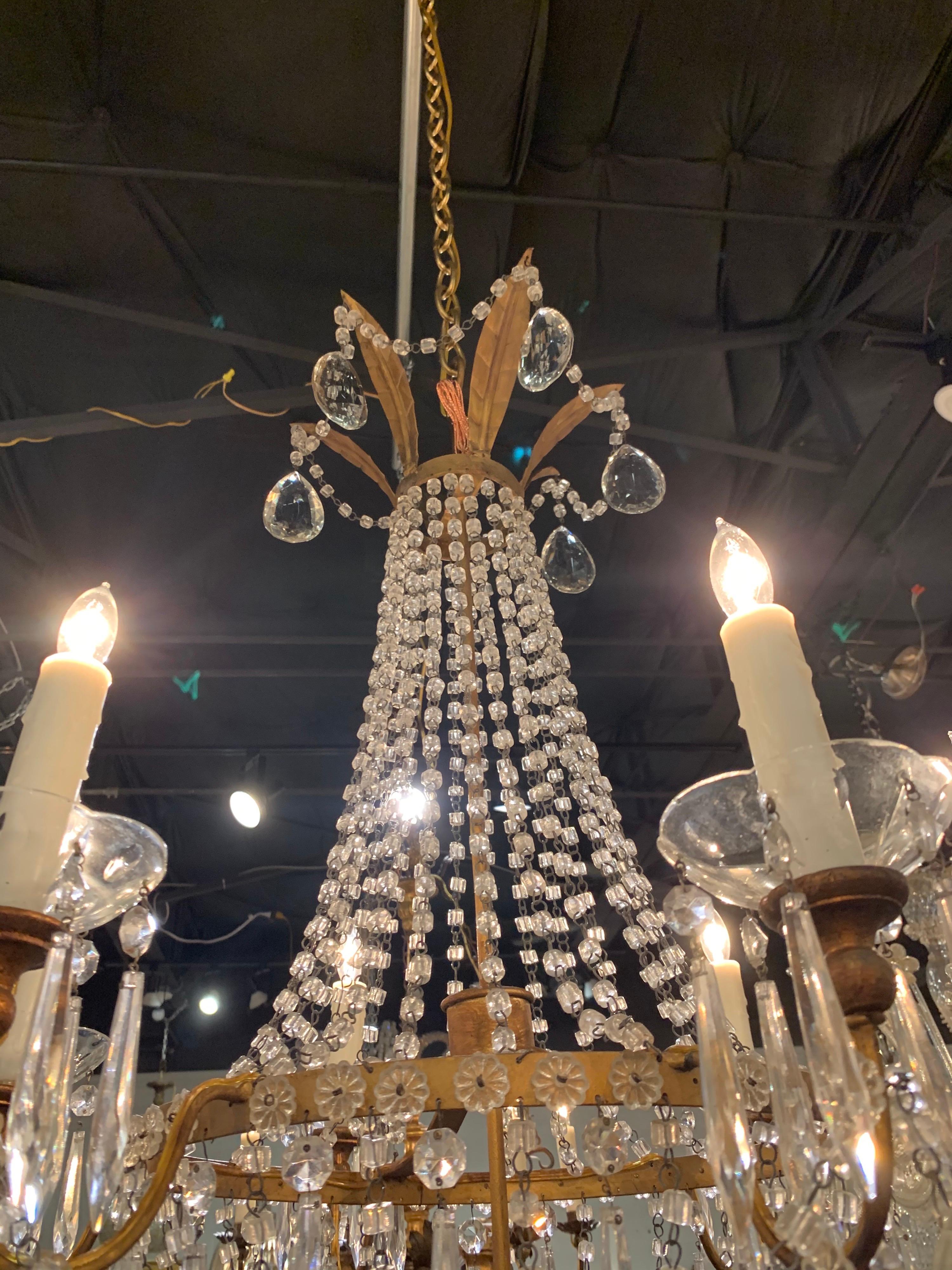 19th Century Italian Empire Style Gilt Metal and Crystal Chandelier For Sale 1