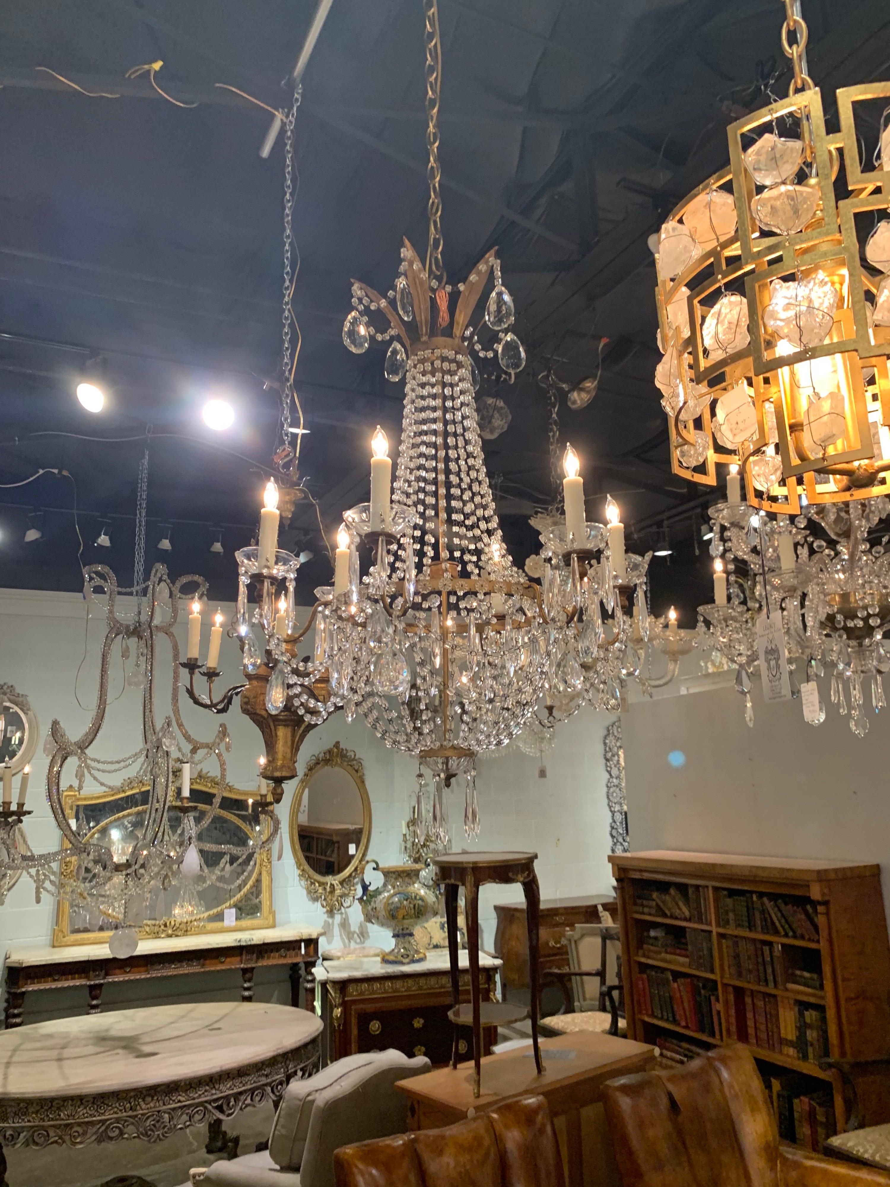 19th Century Italian Empire Style Gilt Metal and Crystal Chandelier For Sale 4
