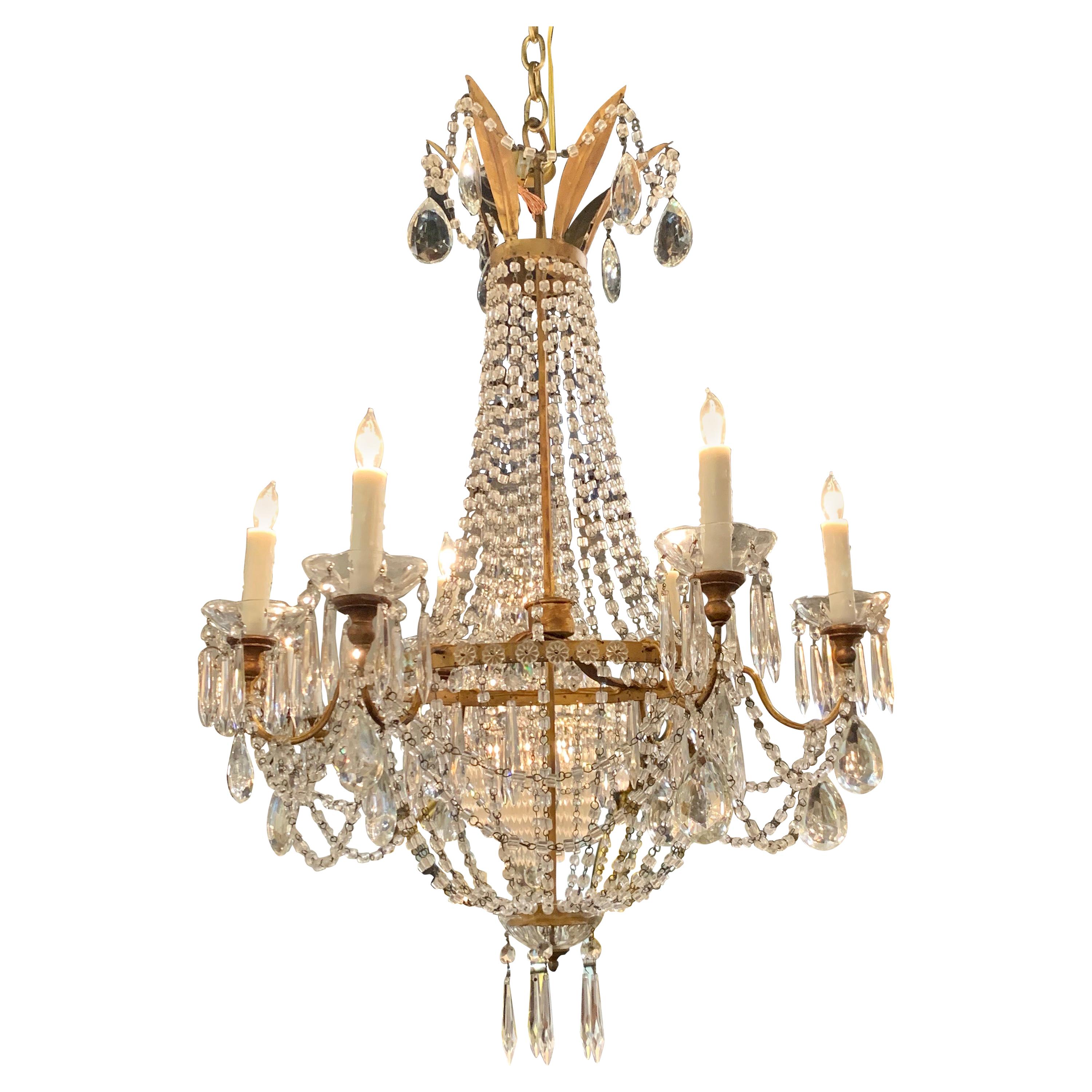 lustre en métal doré et cristal de style Empire italien du 19ème siècle