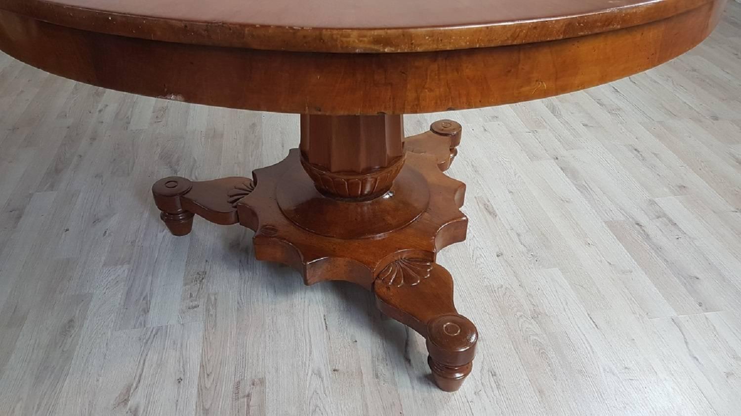 19th Century Italian Empire Walnut Carved Inlay Round Table 1