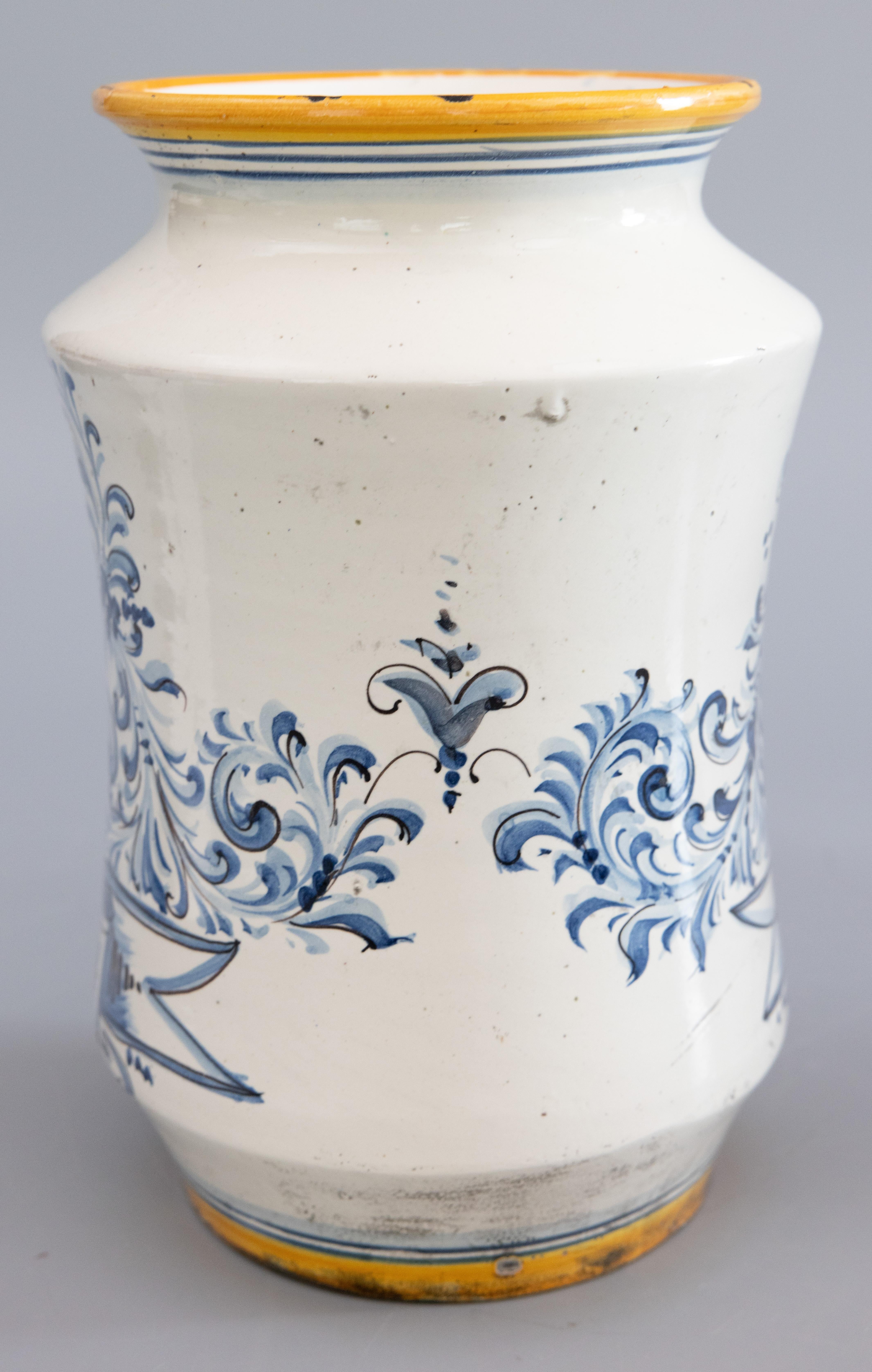 Hand-Painted 19th Century Italian Faience Albarello Apothecary Jar Vase For Sale
