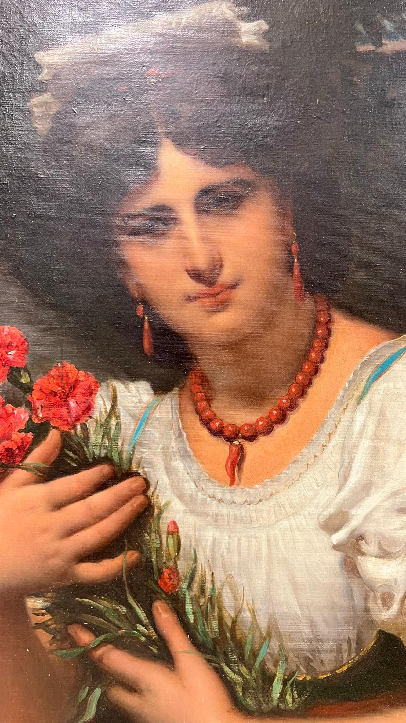 Beautiful portrait oil painting by Pierre Louis Joseph de Coninck (French, 1828-1910), circa 1870s, depicting a brunette in white dress, and earrings and necklace crafted from coral, holding a bouquet of red roses.  Stretcher 22 by 30 inches. 