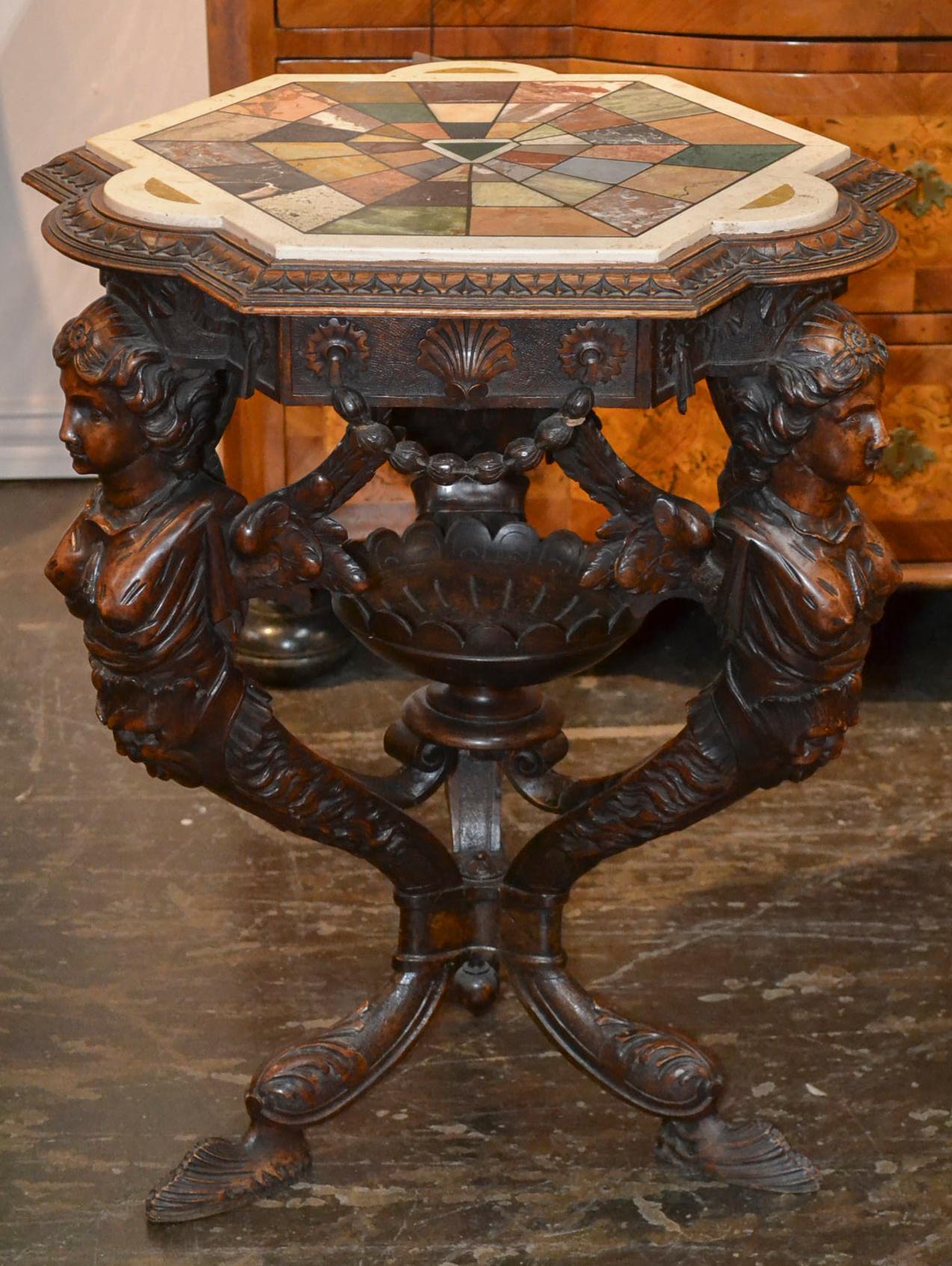 Hand-Carved 19th Century Italian Figural Side Table with Specimen Marble