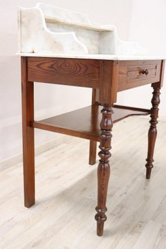 19th Century Italian Fir Wood Antique Vanity Table, Vanity Desk with Marble Top