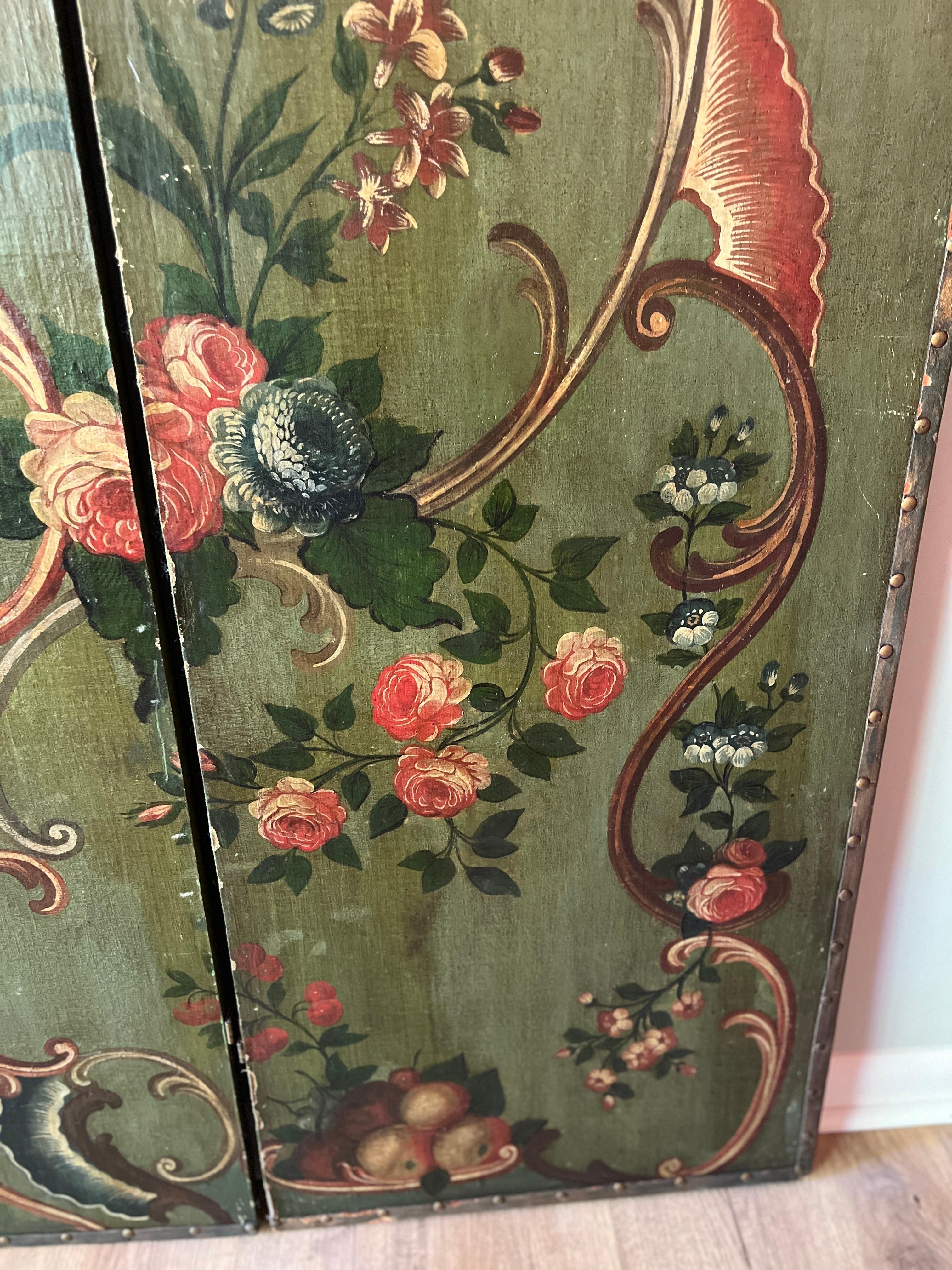 19th Century Italian Floral Painted 3 Panel Folding Floor Screen / Room Divider For Sale 2