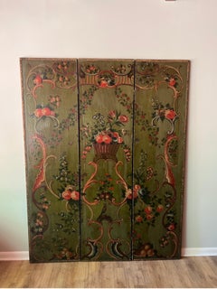 19th Century Italian Floral Painted 3 Panel Folding Floor Screen / Room Divider