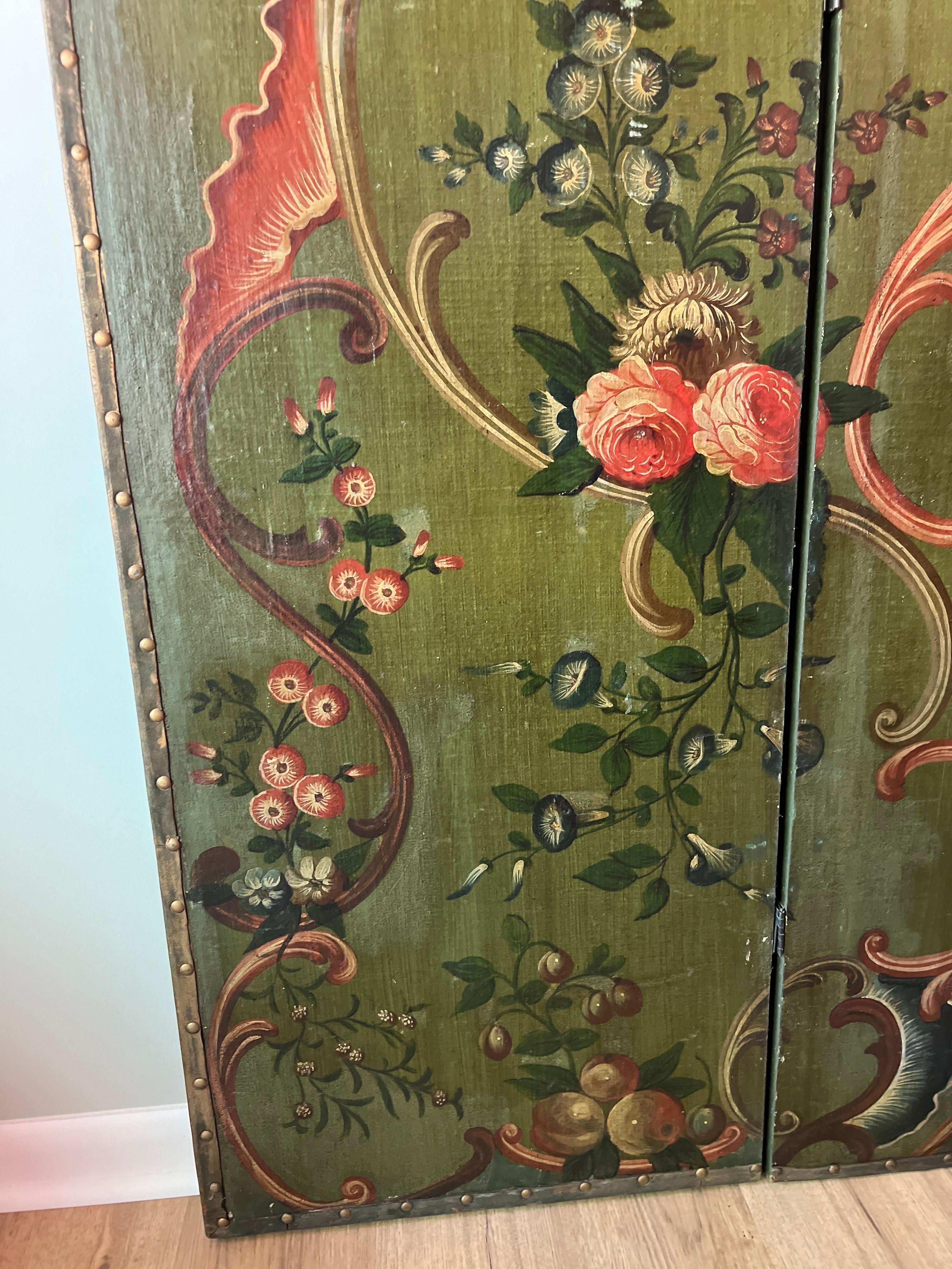 Rococo 19th Century Italian Floral Painted 3 Panel Folding Floor Screen / Room Divider For Sale