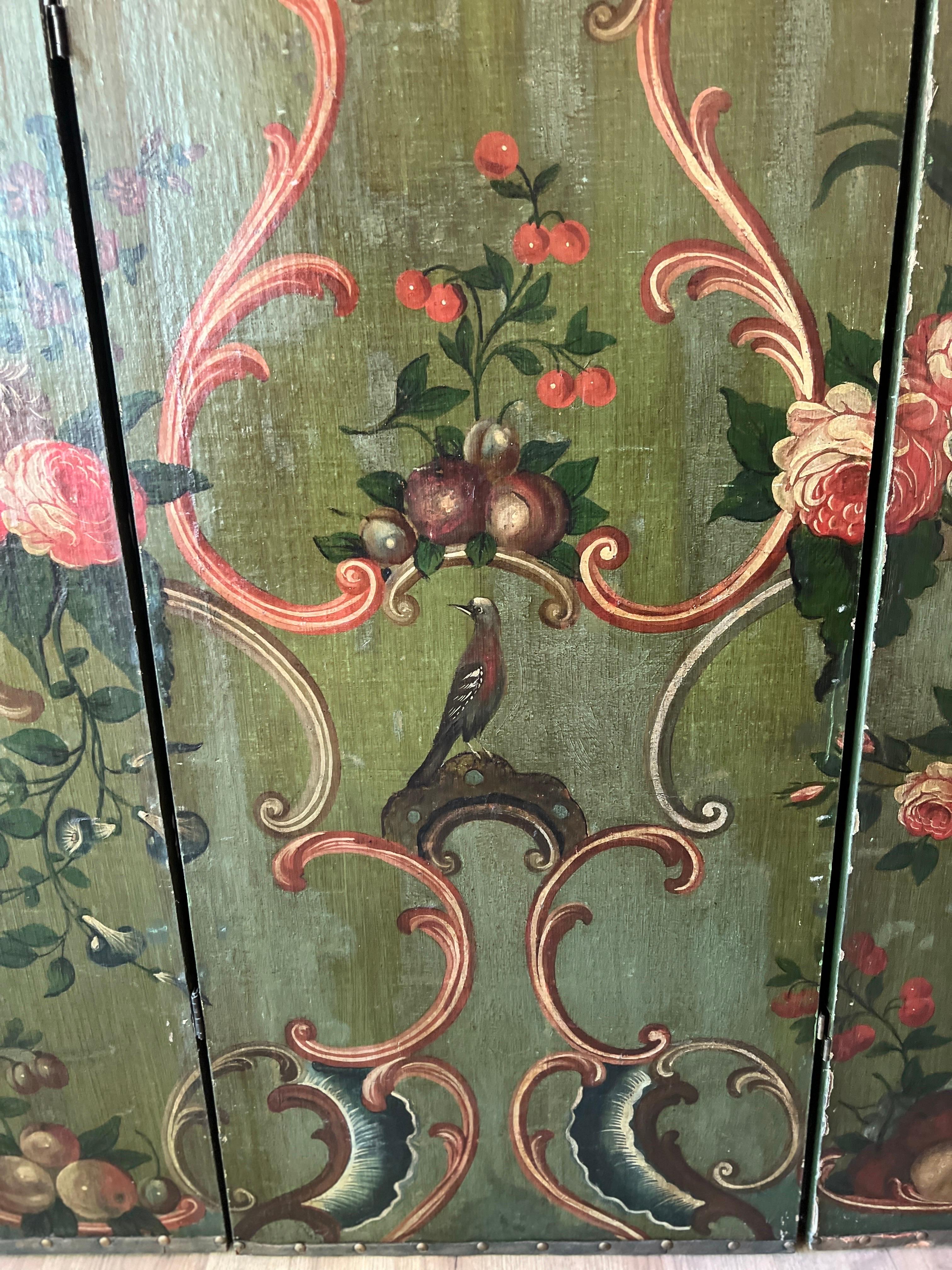 19th Century Italian Floral Painted 3 Panel Folding Floor Screen / Room Divider In Good Condition For Sale In Atlanta, GA