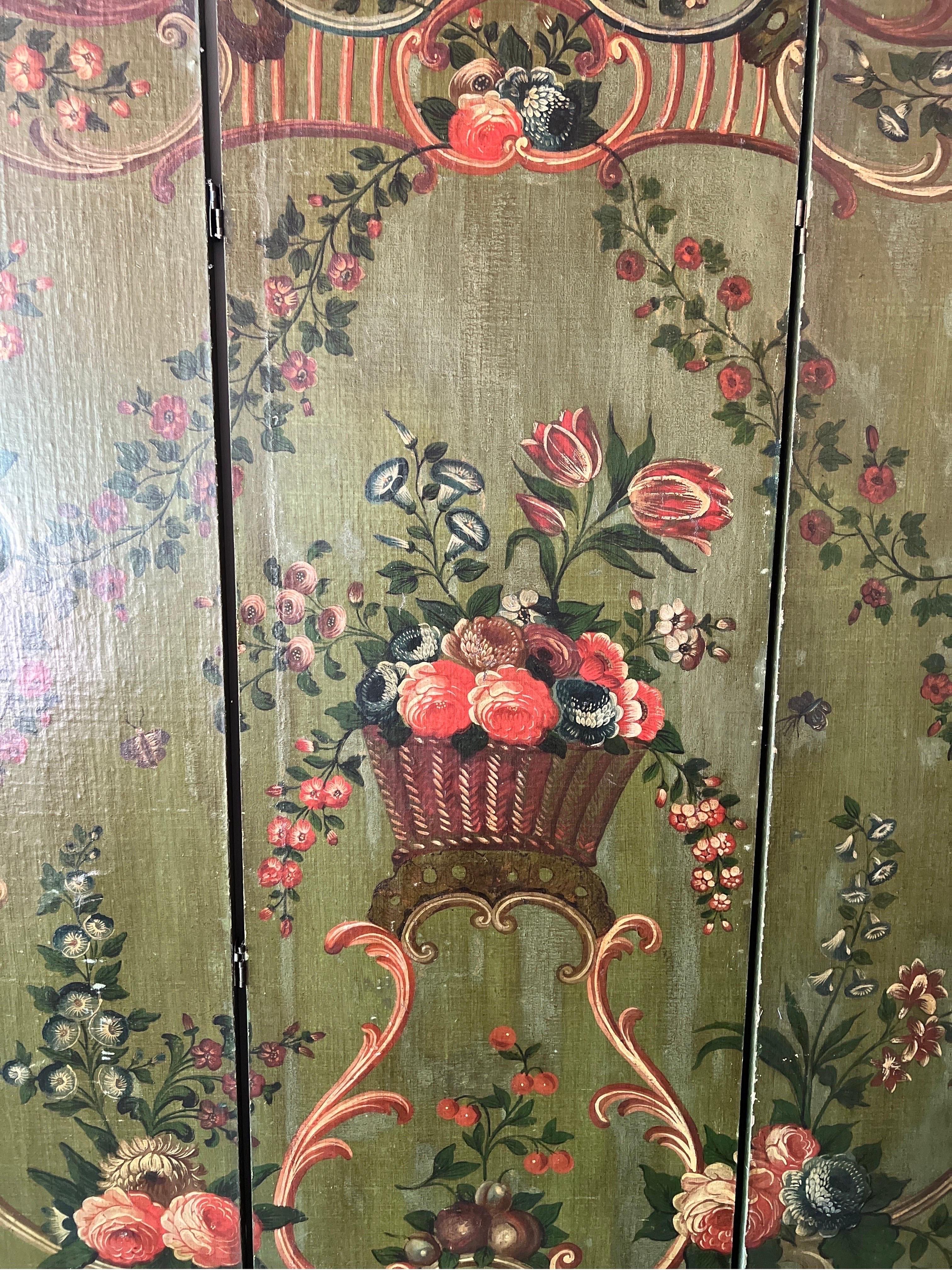 Leather 19th Century Italian Floral Painted 3 Panel Folding Floor Screen / Room Divider For Sale
