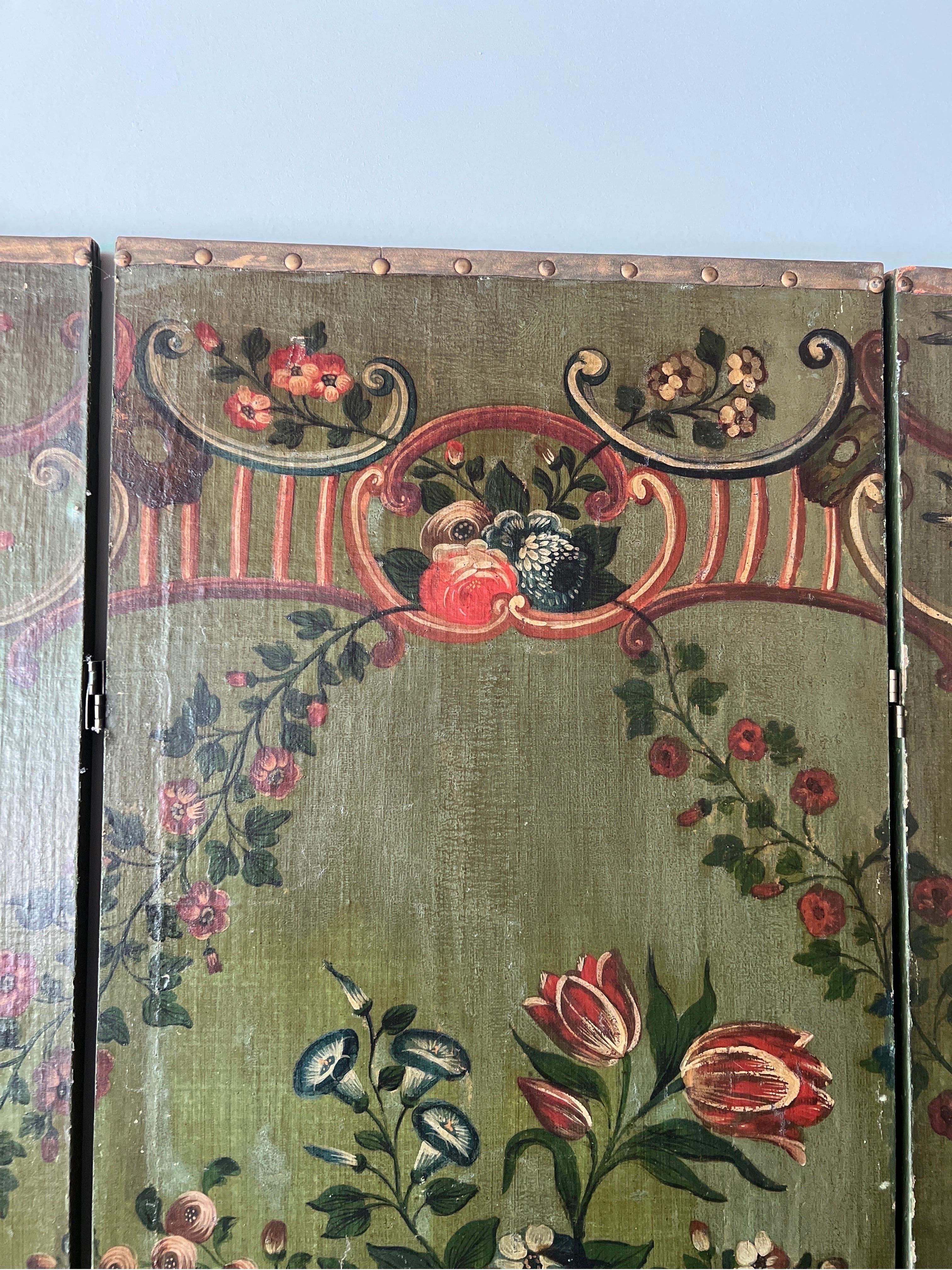 Leather 19th Century Italian Floral Painted 3 Panel Folding Floor Screen / Room Divider For Sale