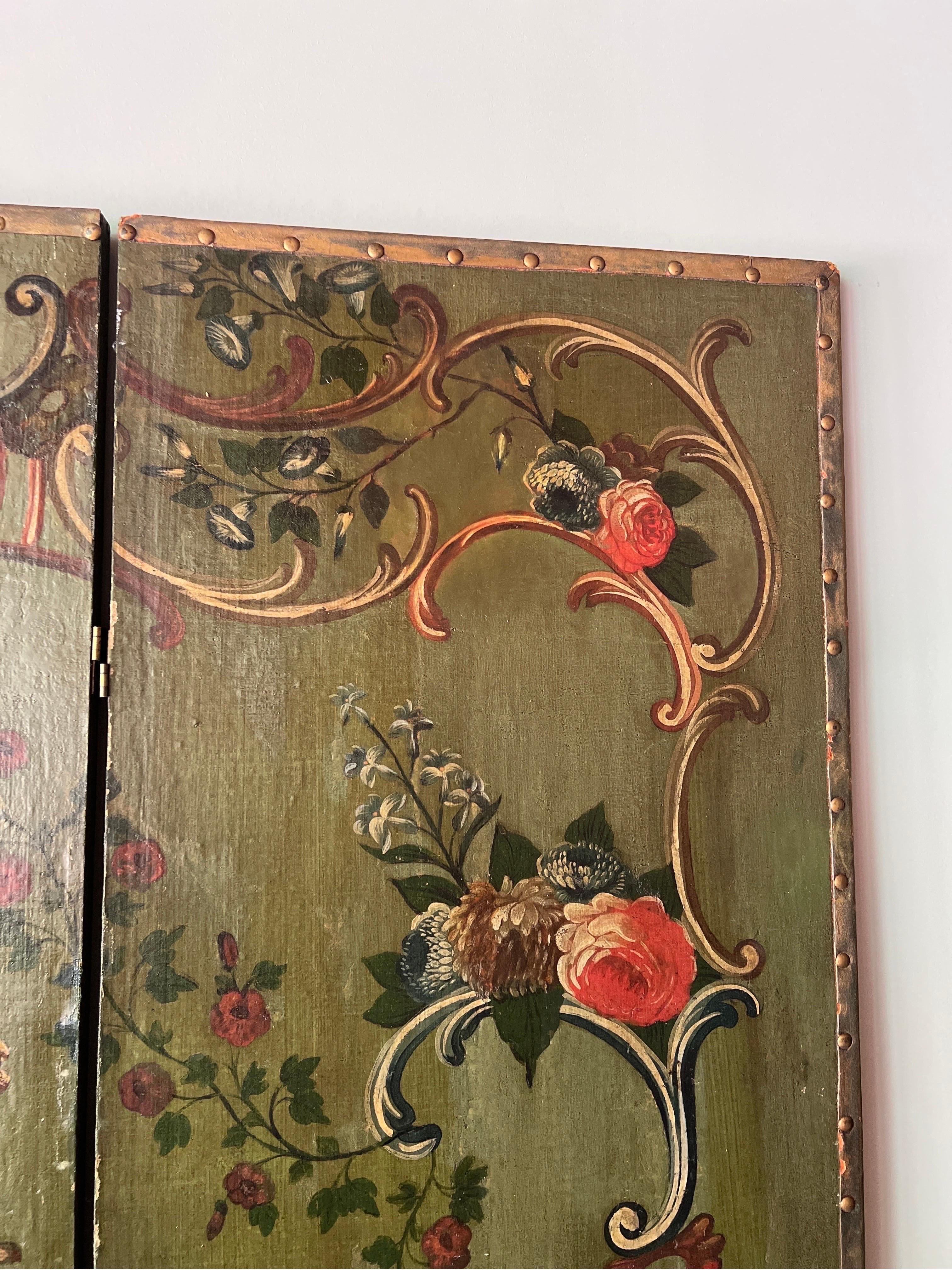19th Century Italian Floral Painted 3 Panel Folding Floor Screen / Room Divider For Sale 1