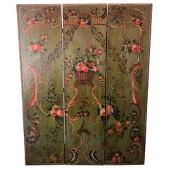 Paravent pliant italien du 19ème siècle à 3 panneaux peint à motifs floraux / séparateur de pièce