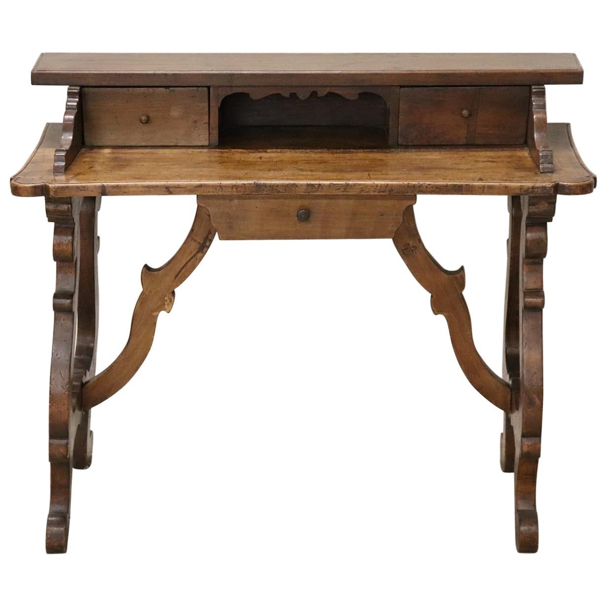 19th Century Italian Florence Renaissance Style Walnut Writing Desk, Lyre Legs