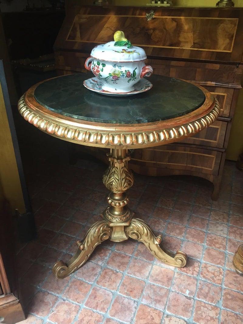 Hand-Carved 19th Century Italian Florentine Giltwood Table Dark Green Circular Top