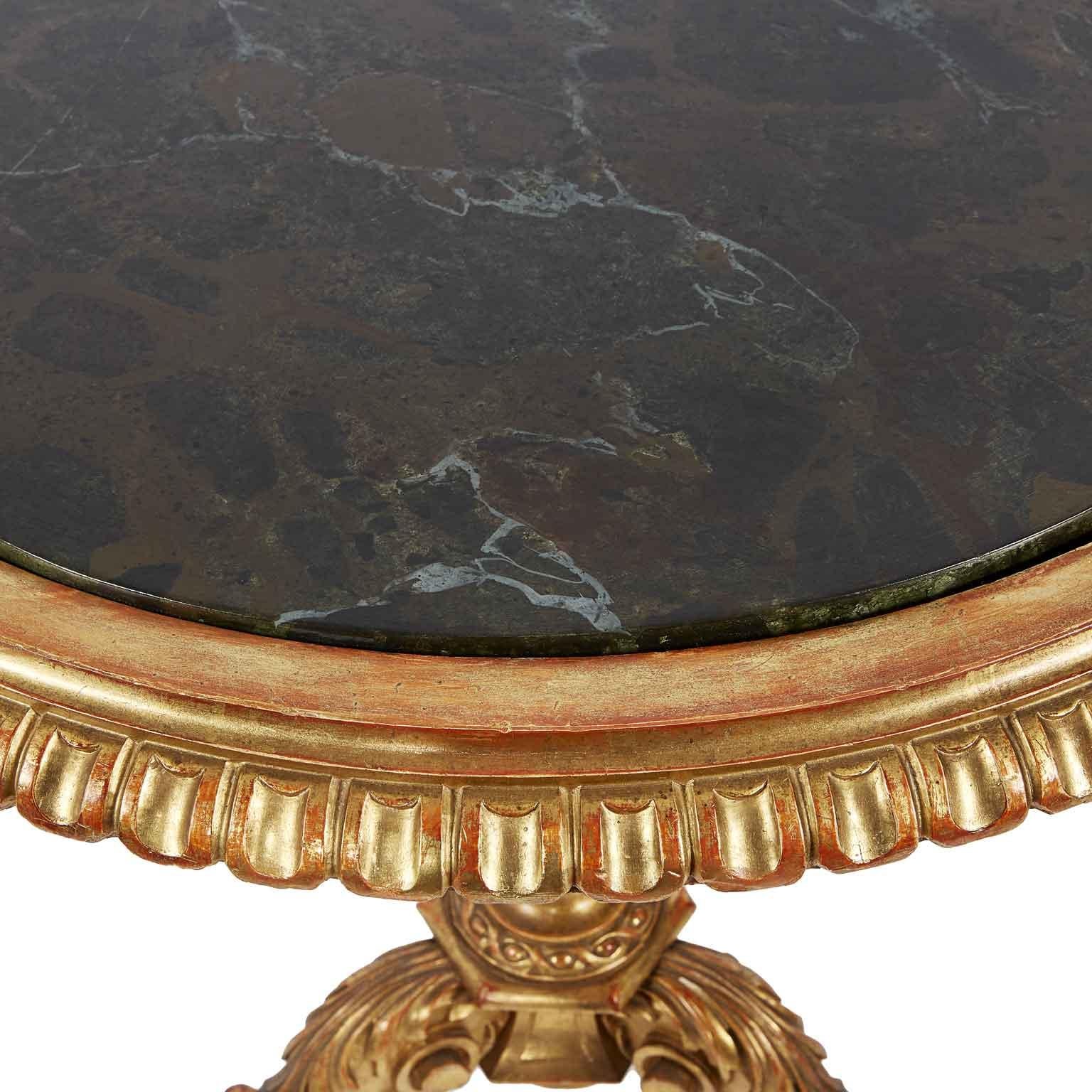 19th Century Italian Florentine Giltwood Table Dark Green Circular Top In Good Condition In Milan, IT