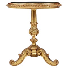 Table florentine italienne du 19ème siècle en bois doré avec plateau circulaire vert foncé