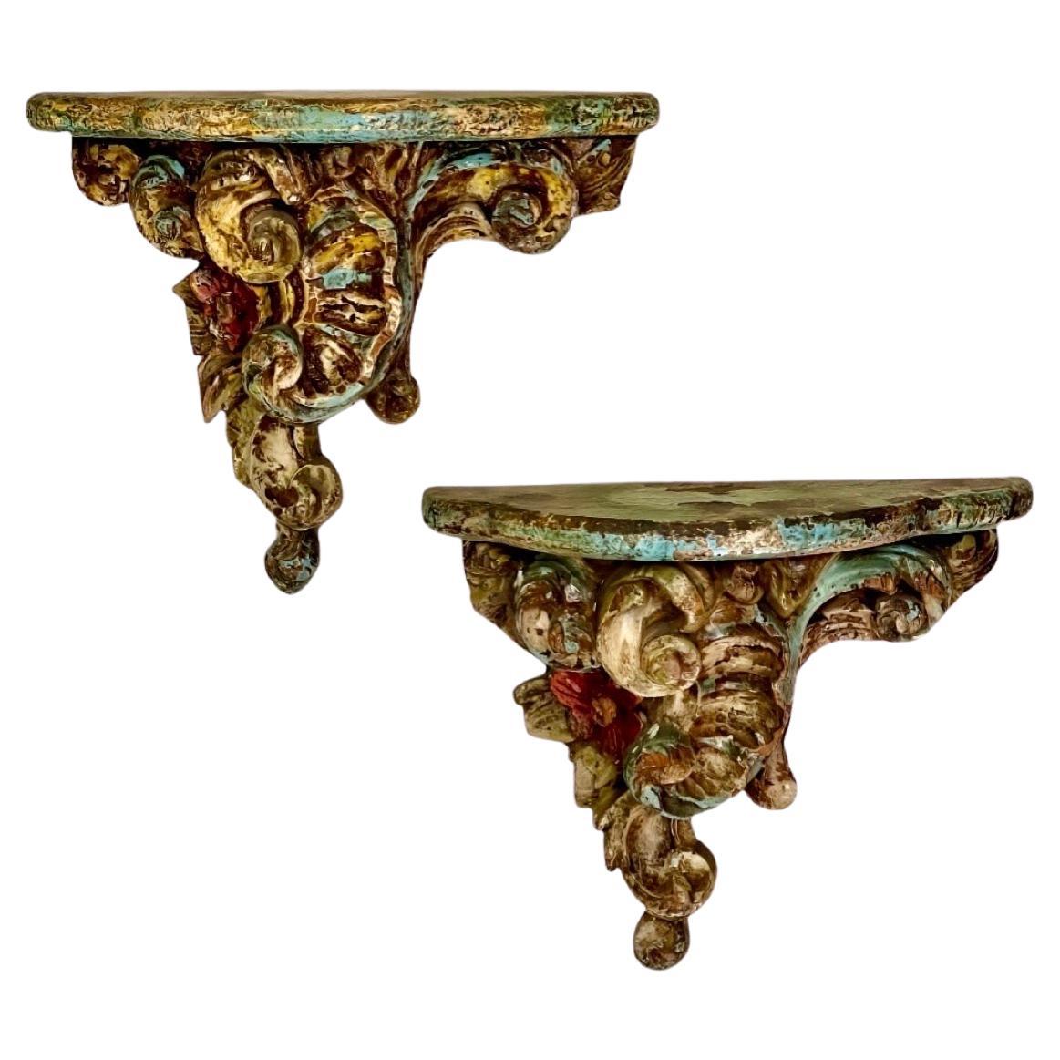 19th Century Italian Florentine Hand-Carved Painted Wood Wall Bracket Shelves