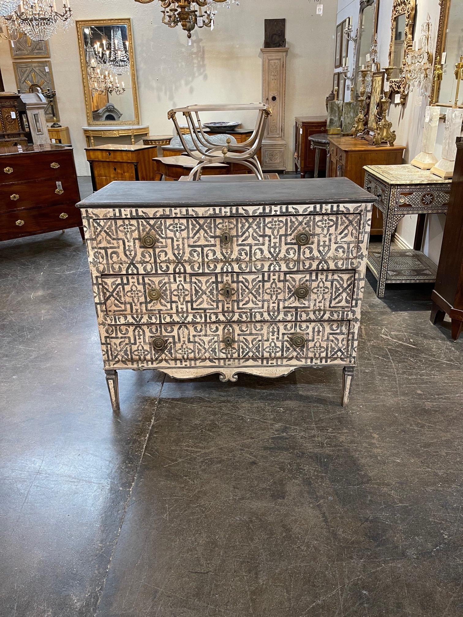 Handsome 19th century Italian Florentine painted commode. Interesting black and white design on this piece. Creates a real impact!