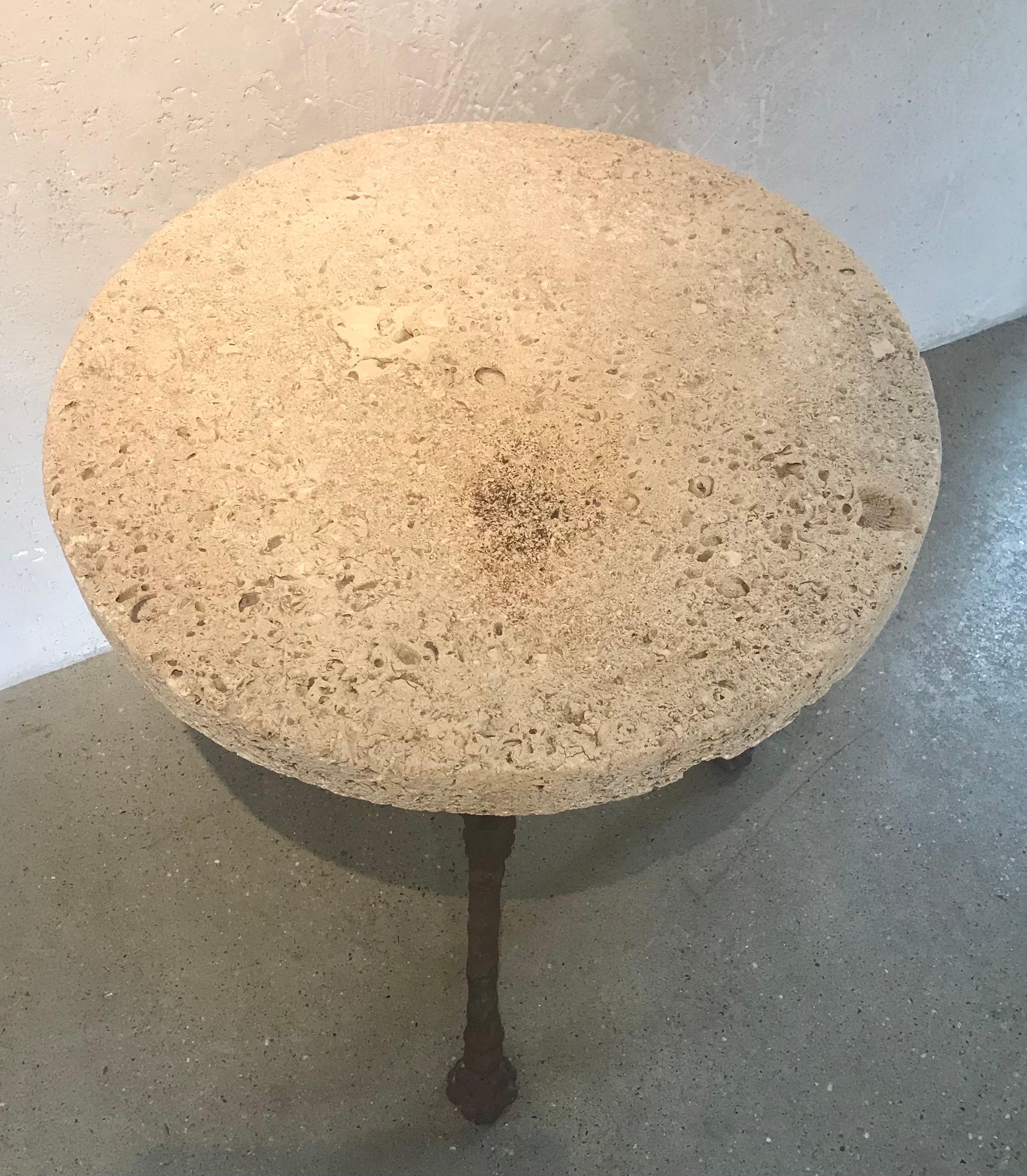 19th Century Italian Forged Iron/ Rugged Gueridon Stone Top Side Table Garden  In Good Condition For Sale In Chicago, IL