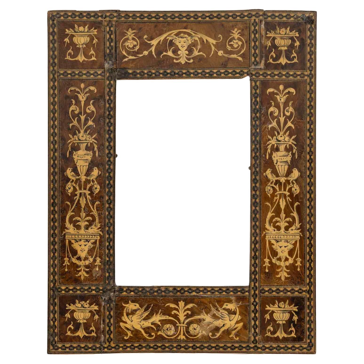 19th Century Italian Frame in Renaissance Style Wood Marquetry. For Sale