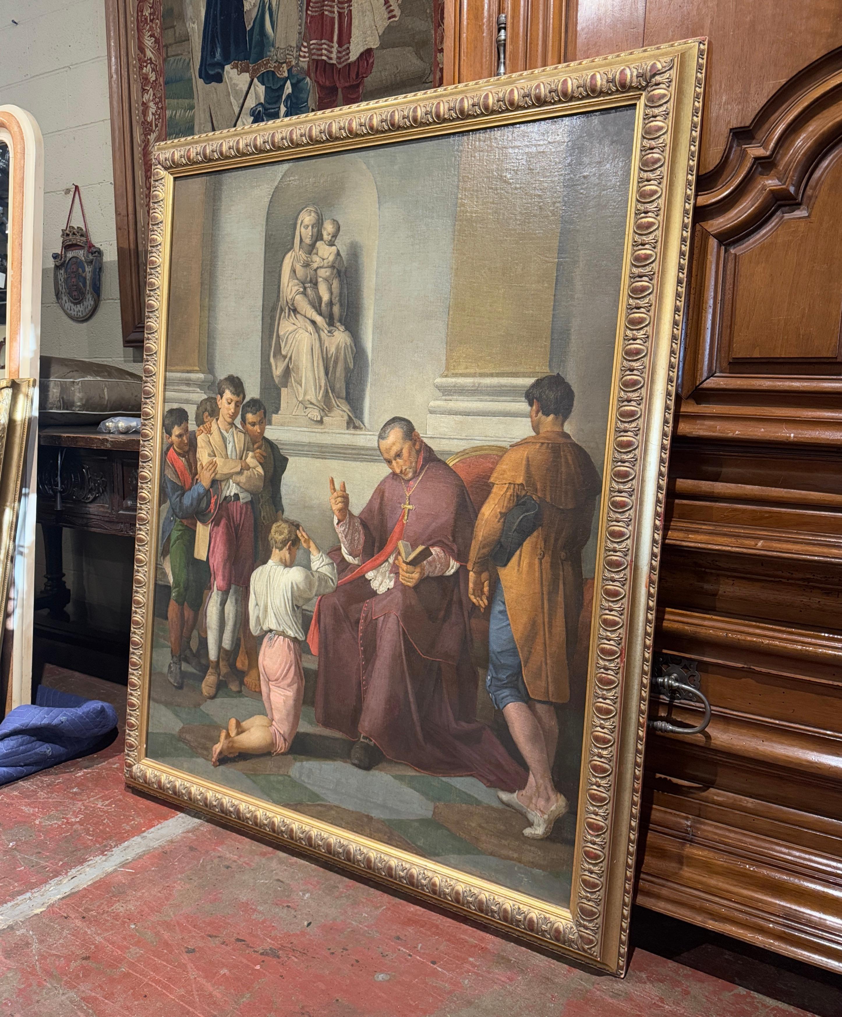 Decorate an office or study with this large antique oil on canvas and wood painting. Created in Italy circa 1890, and almost 5 feet in height, the artwork is set in an ornate gilt wood frame. The painting depicts a sacred and intimate moment of
