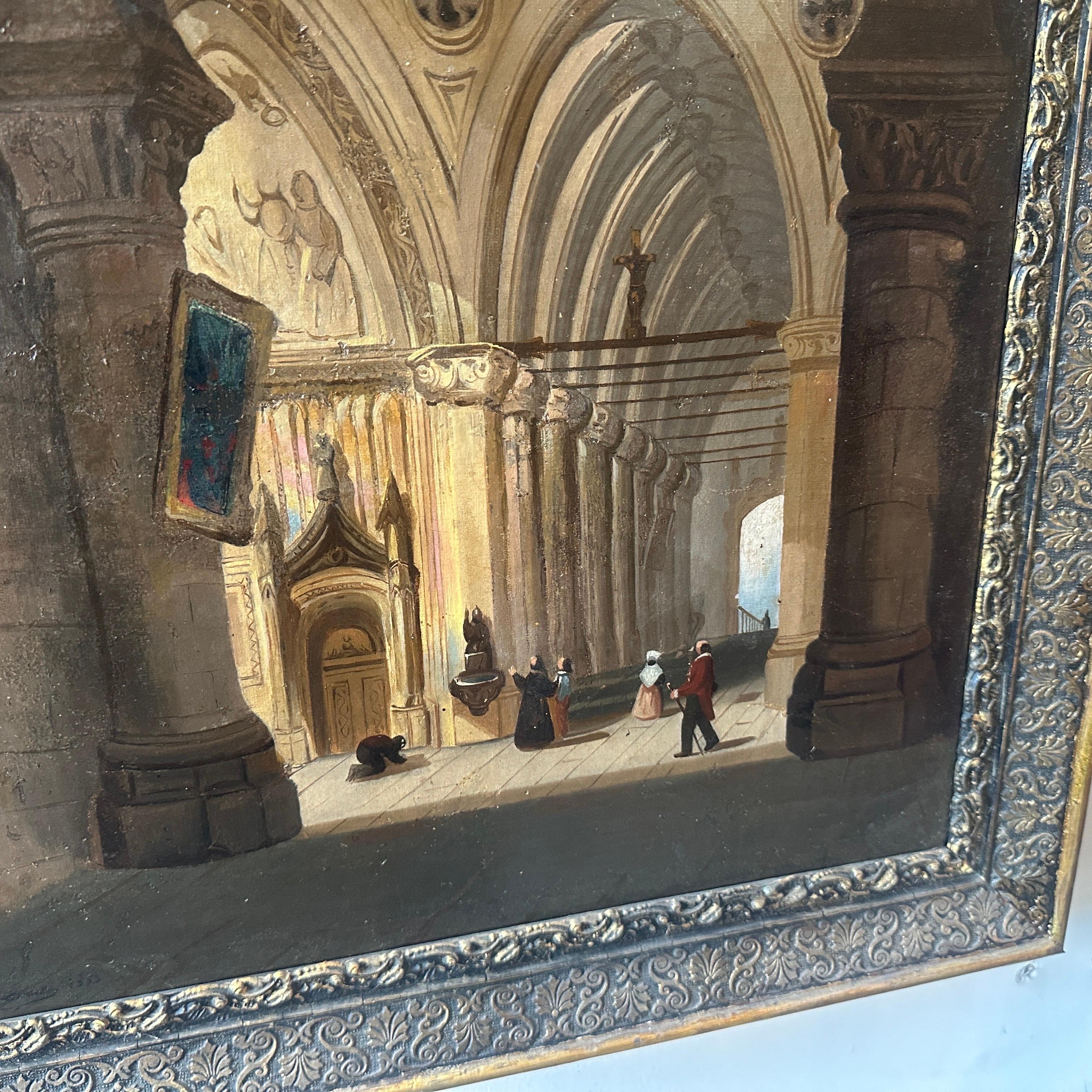 19th Century Italian Framed Oil On Canvas Depicting an Interior of a Church For Sale 6
