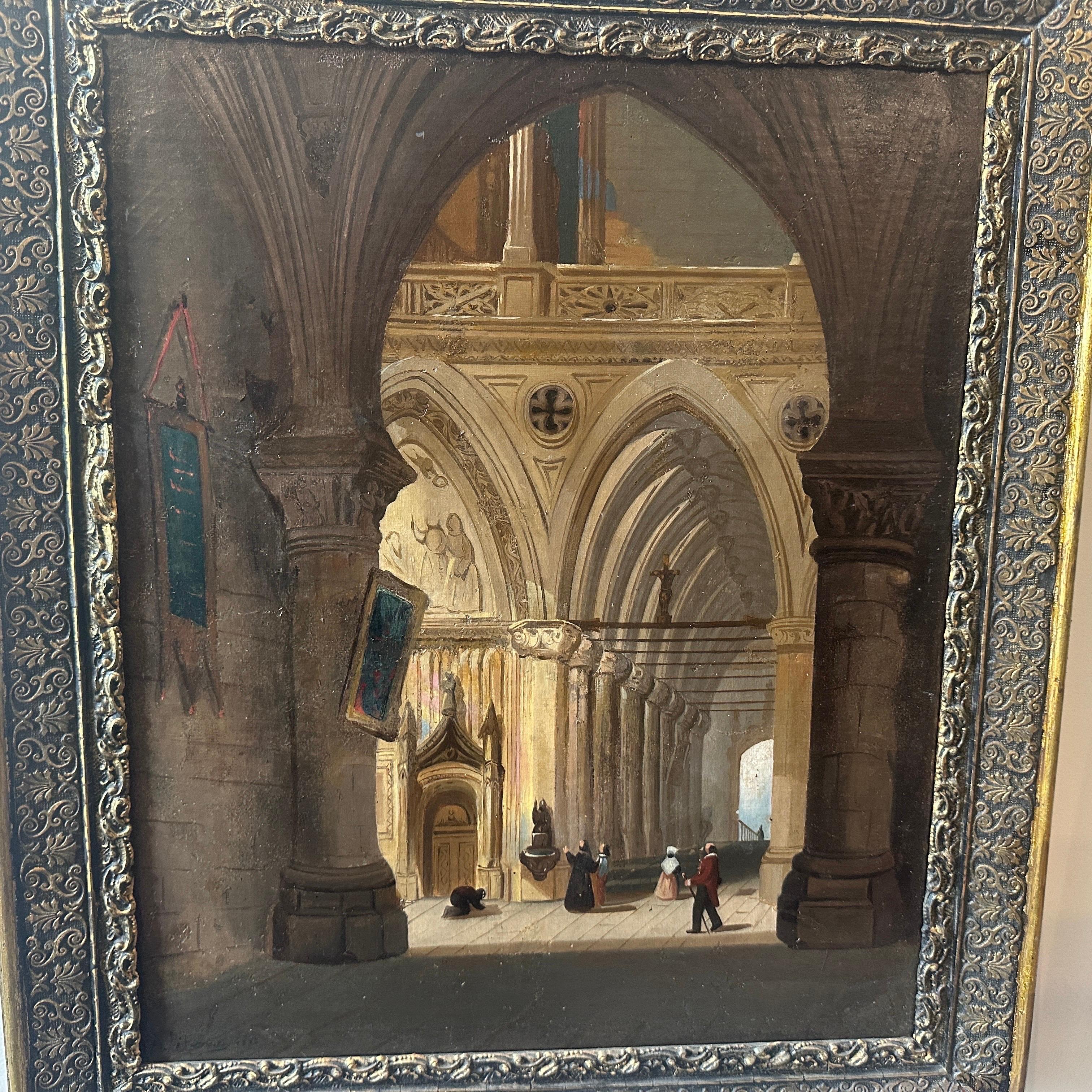 Huile sur toile italienne du 19ème siècle représentant l'intérieur d'une église en vente 6