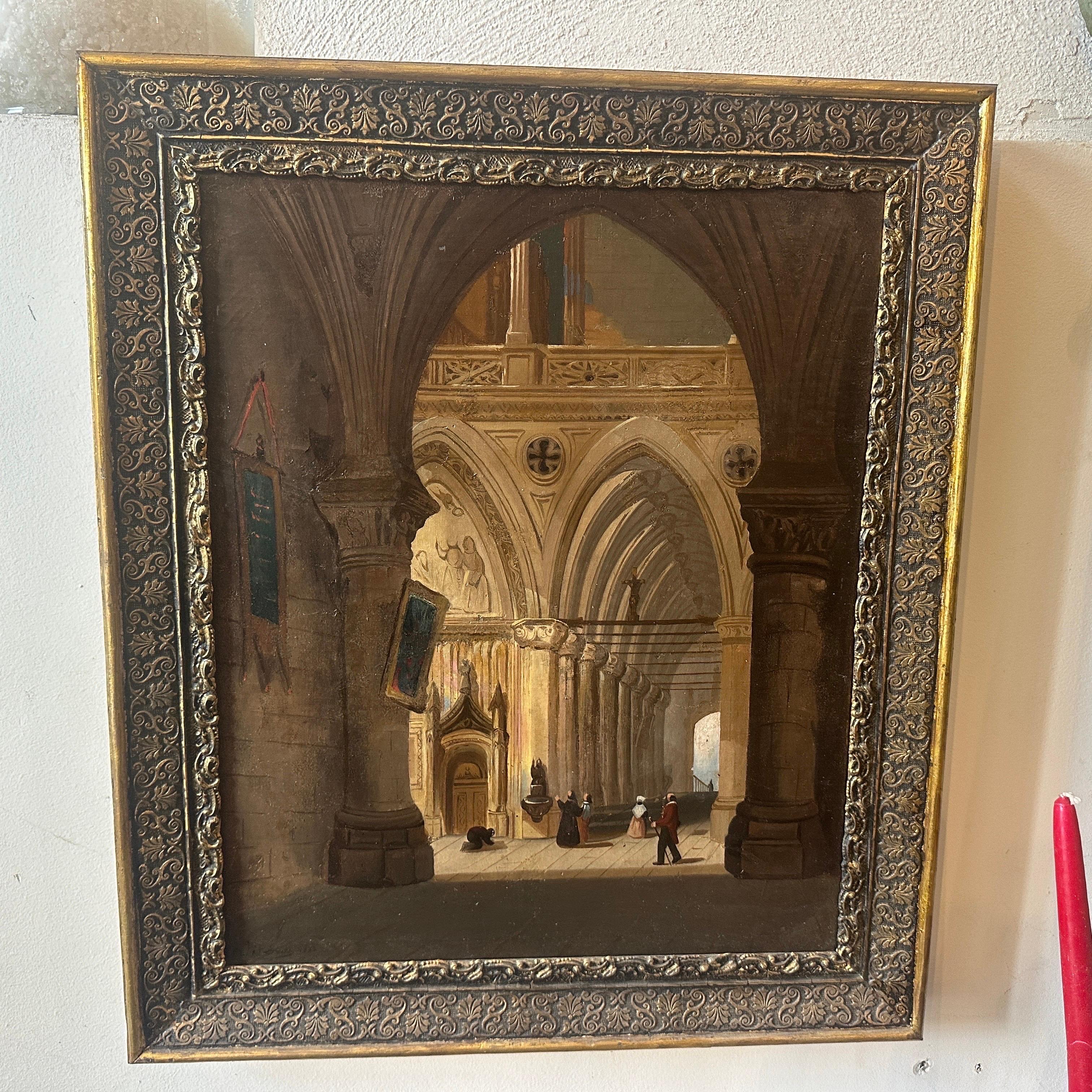 Dieses itaiische Gemälde, das das Innere einer Kirche zeigt, verdeutlicht die künstlerischen und religiösen Einflüsse der damaligen Zeit. Das Gemälde zeigt eine ausgewogene Anordnung der Elemente im Kircheninneren. Der Künstler hat sich auf die