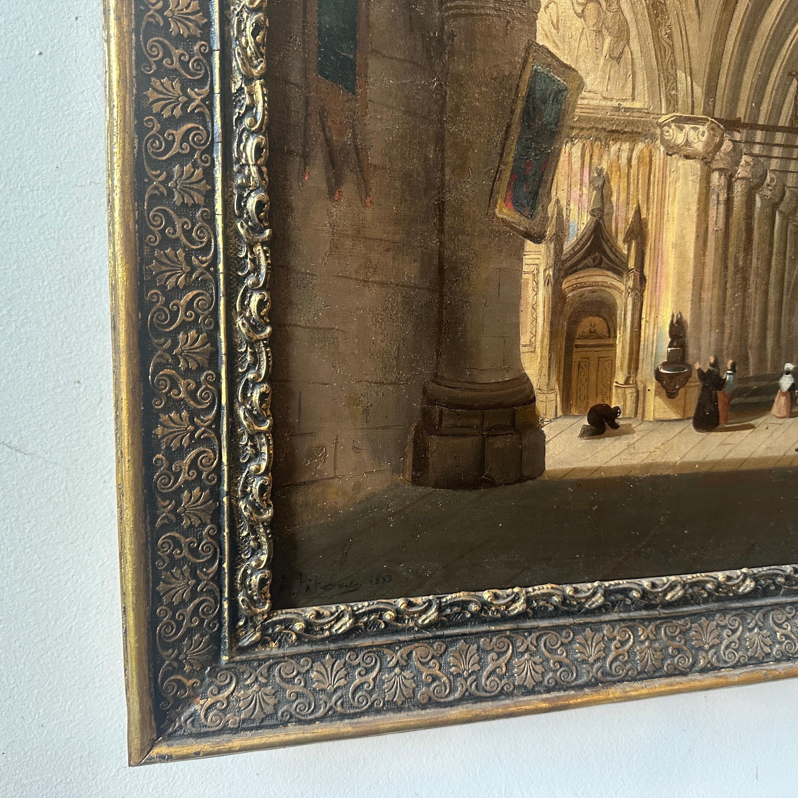 Romantic 19th Century Italian Framed Oil On Canvas Depicting an Interior of a Church For Sale