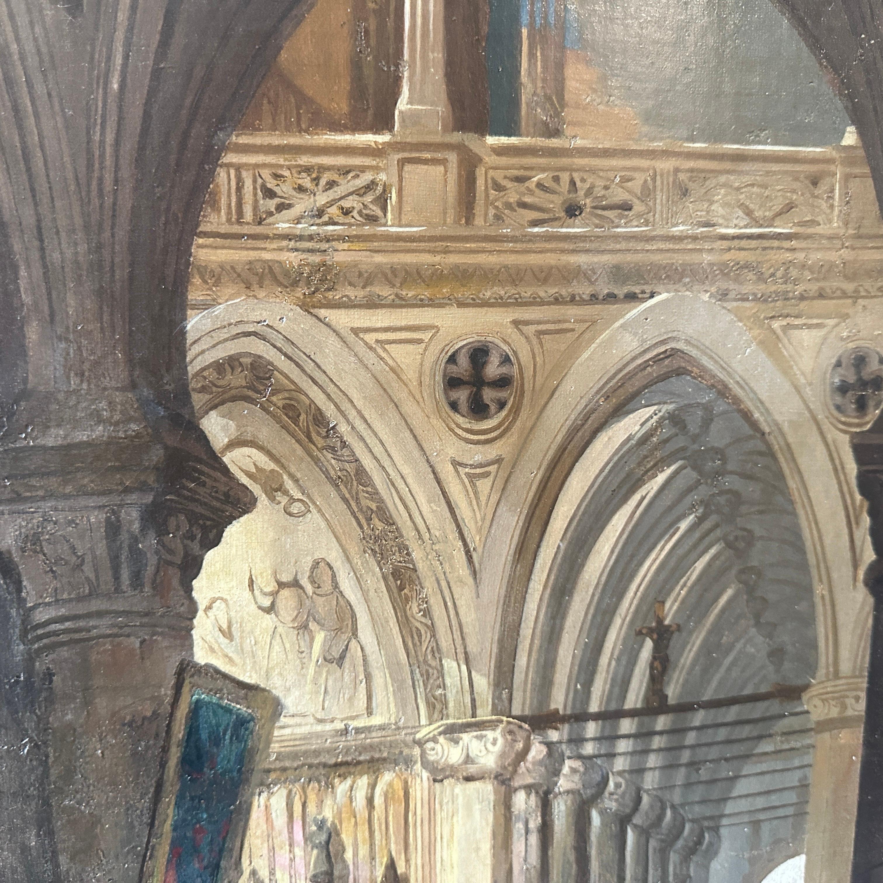 Italienisches gerahmtes Ölgemälde auf Leinwand aus dem 19. Jahrhundert, das ein Interieur einer Kirche darstellt (Handbemalt) im Angebot