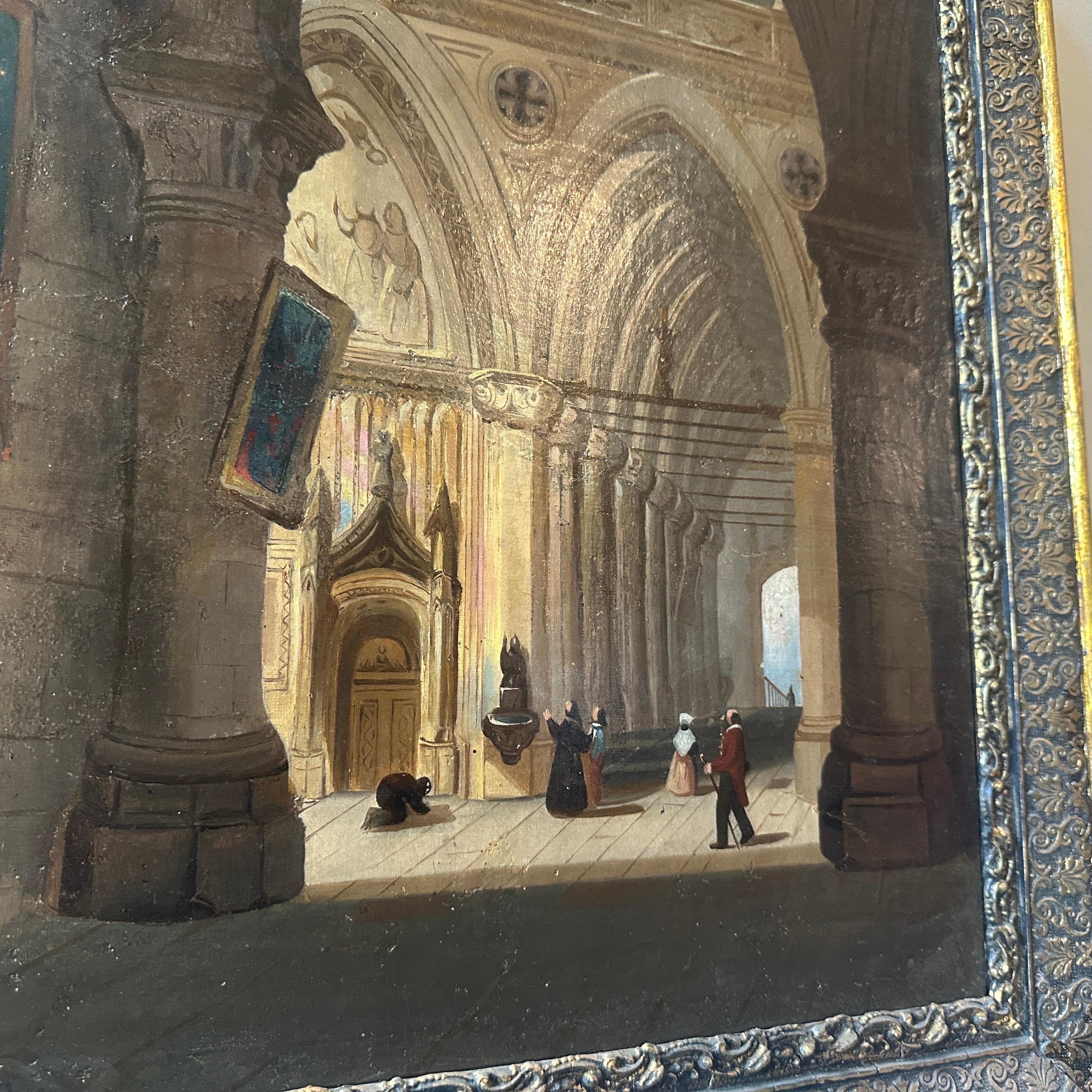 XIXe siècle Huile sur toile italienne du 19ème siècle représentant l'intérieur d'une église en vente