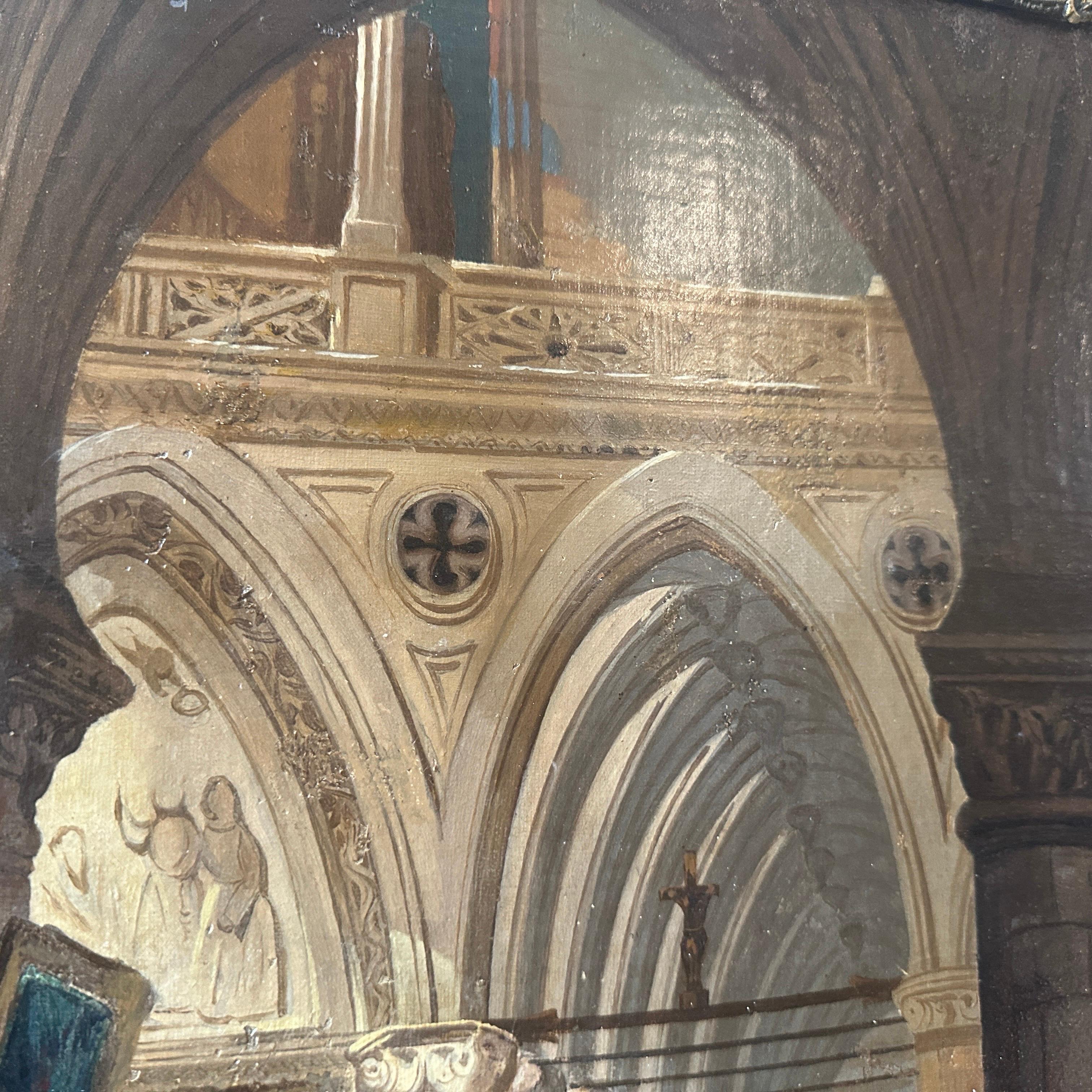 Italienisches gerahmtes Ölgemälde auf Leinwand aus dem 19. Jahrhundert, das ein Interieur einer Kirche darstellt im Angebot 4