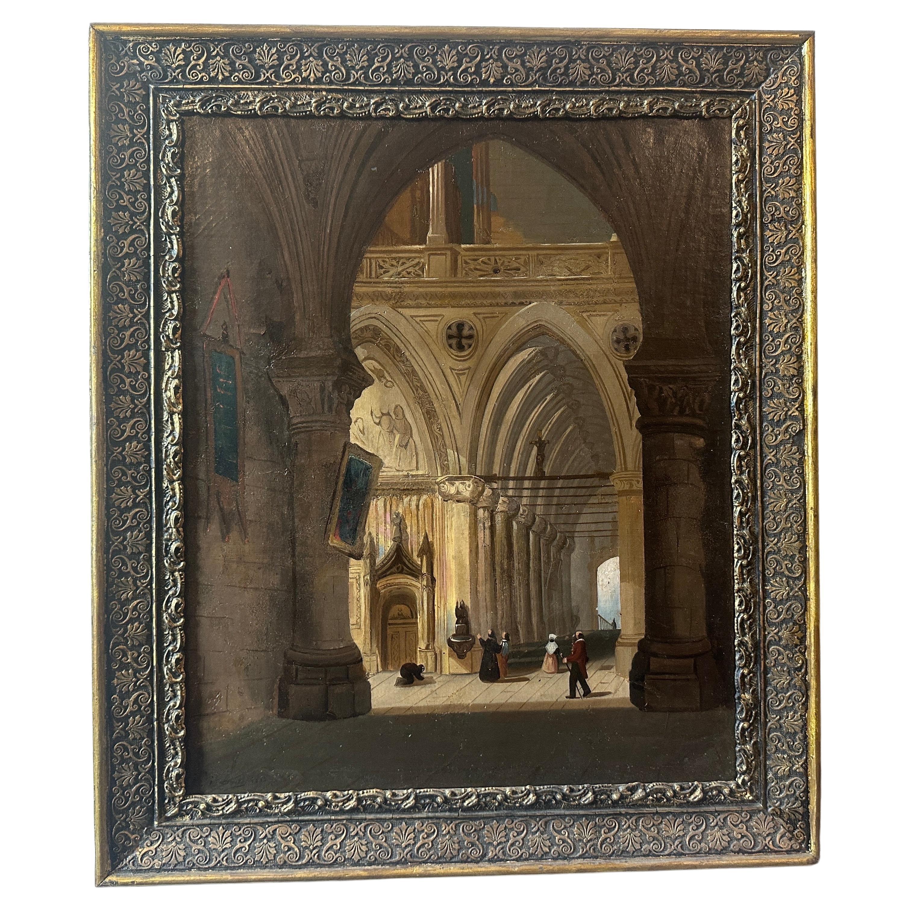 Huile sur toile italienne du 19ème siècle représentant l'intérieur d'une église en vente