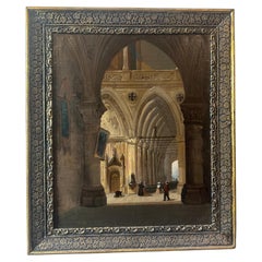 Antique 19th Century Italian Framed Oil On Canvas Depicting an Interior of a Church