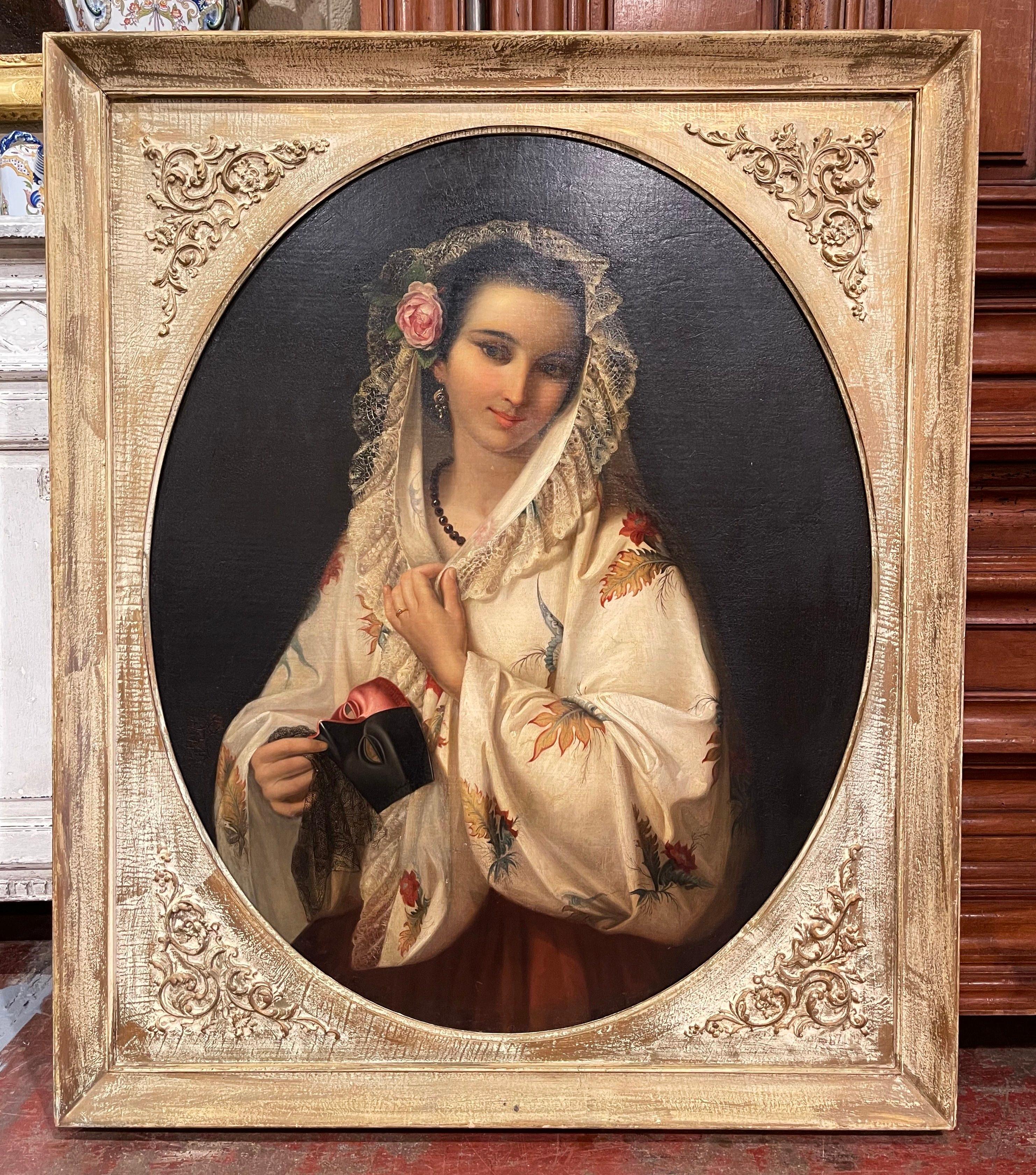 Hand-Carved 19th Century Italian Framed Oval Oil Painting on Board Signed P. Bedini
