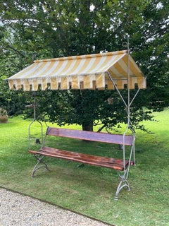 19Th Century, Italian Garden Wood and Wrought Iron Bench with Cloth Canopy