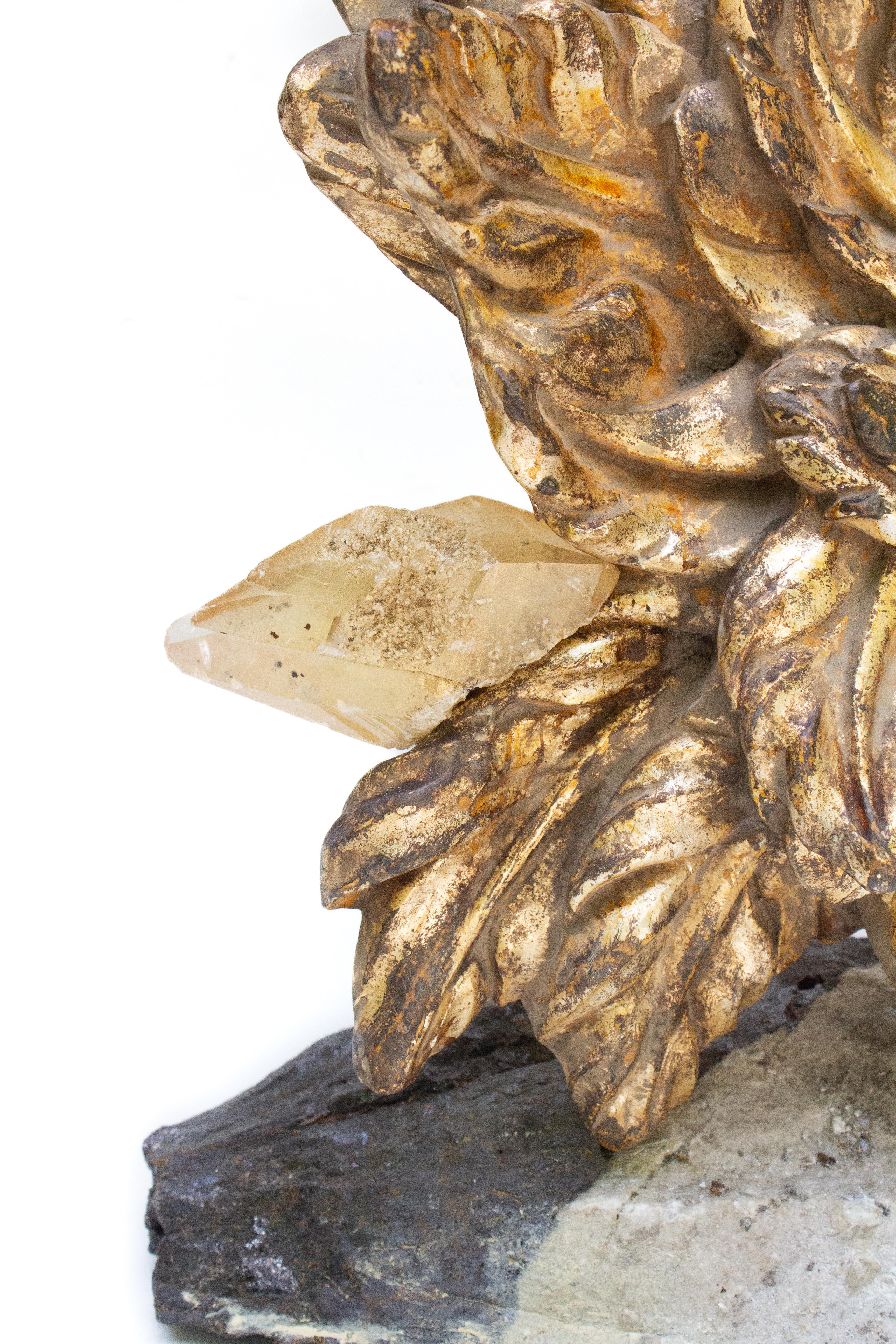 Rococo 19th Century Italian Gilded Angel Wing with Calcite Crystals and Sphalerite