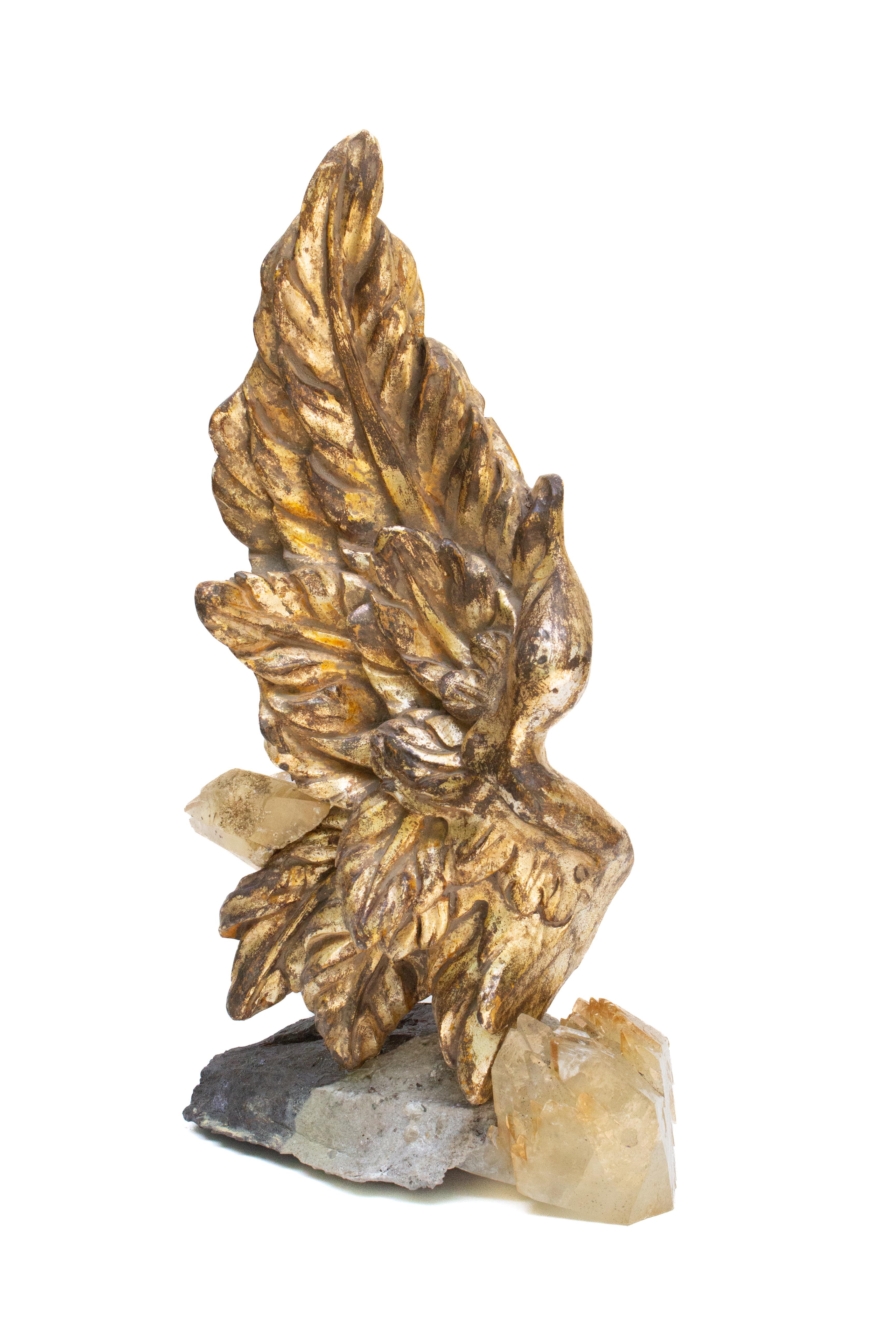 Hand-Carved 19th Century Italian Gilded Angel Wing with Calcite Crystals and Sphalerite