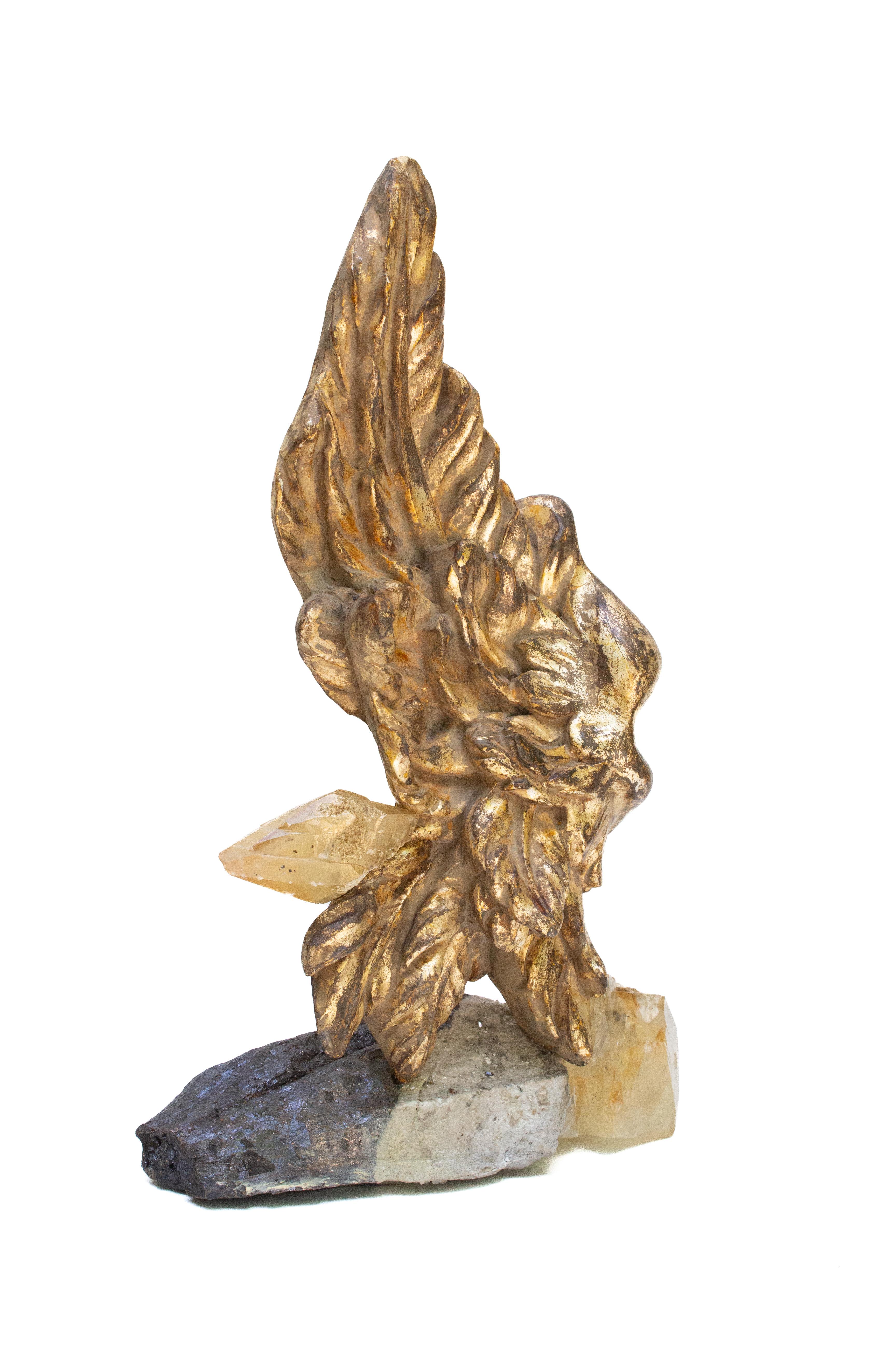 19th Century Italian Gilded Angel Wing with Calcite Crystals and Sphalerite In Fair Condition In Dublin, Dalkey