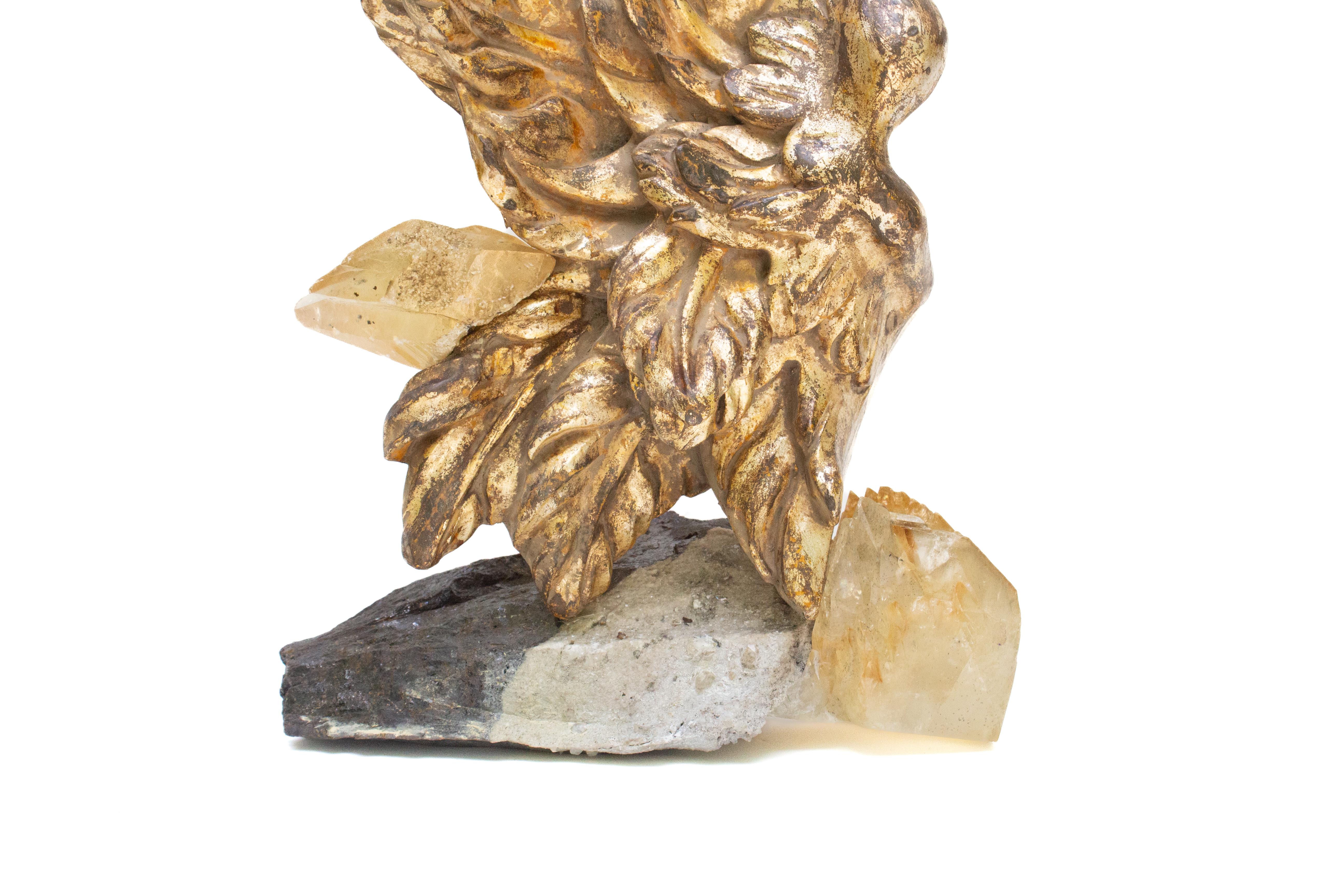 Rock Crystal 19th Century Italian Gilded Angel Wing with Calcite Crystals and Sphalerite