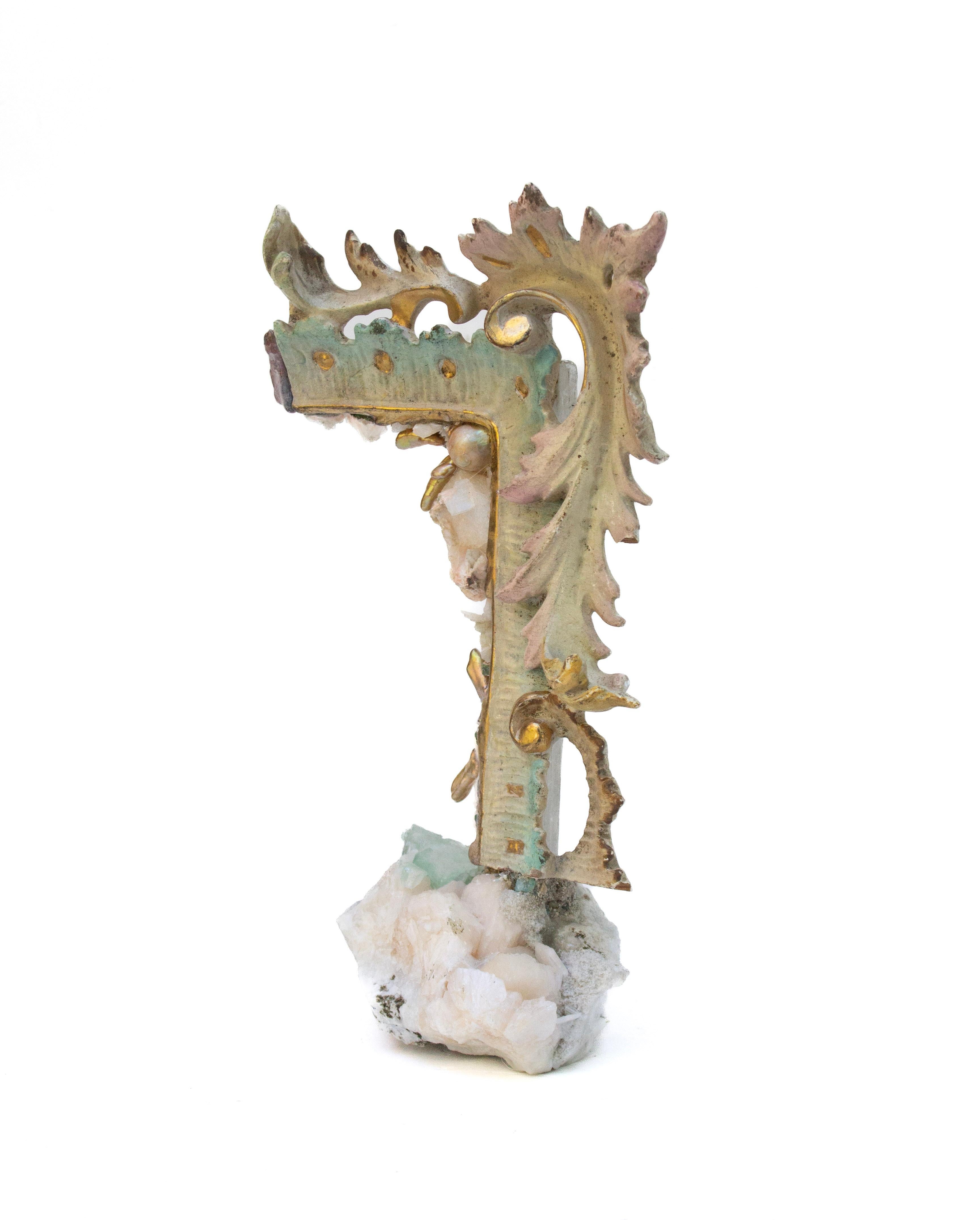19th century Italian painted and gilded frame fragment adorned baroque pearls and mounted on apophyllite, stilbite, and baroque pearls.

The 19th century Italian fragment was original part of a frame molding. The original paint perfectly coordinates