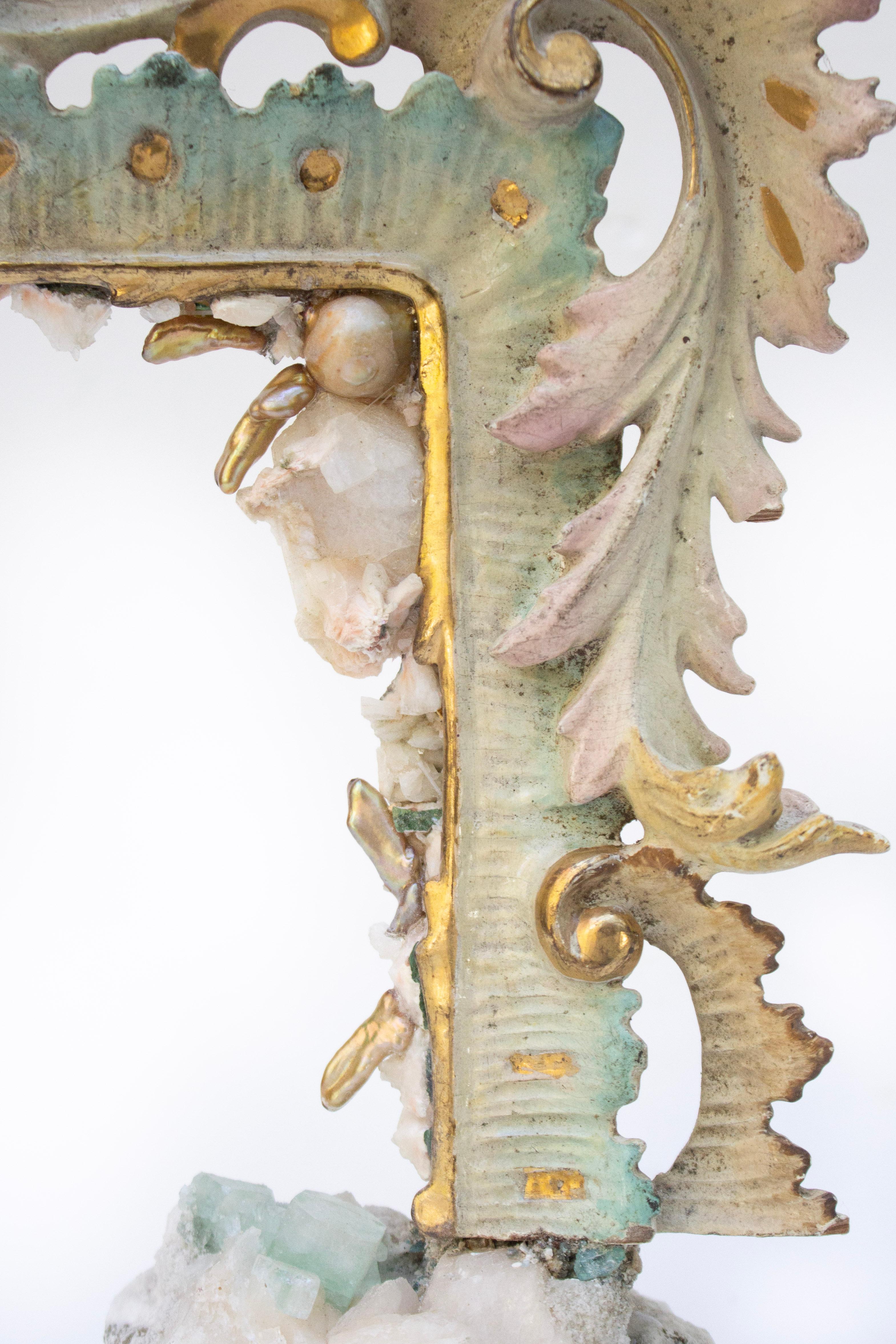 Rococo 19th Century Italian Gilded Frame Fragment with Apophyllite and Baroque Pearls For Sale