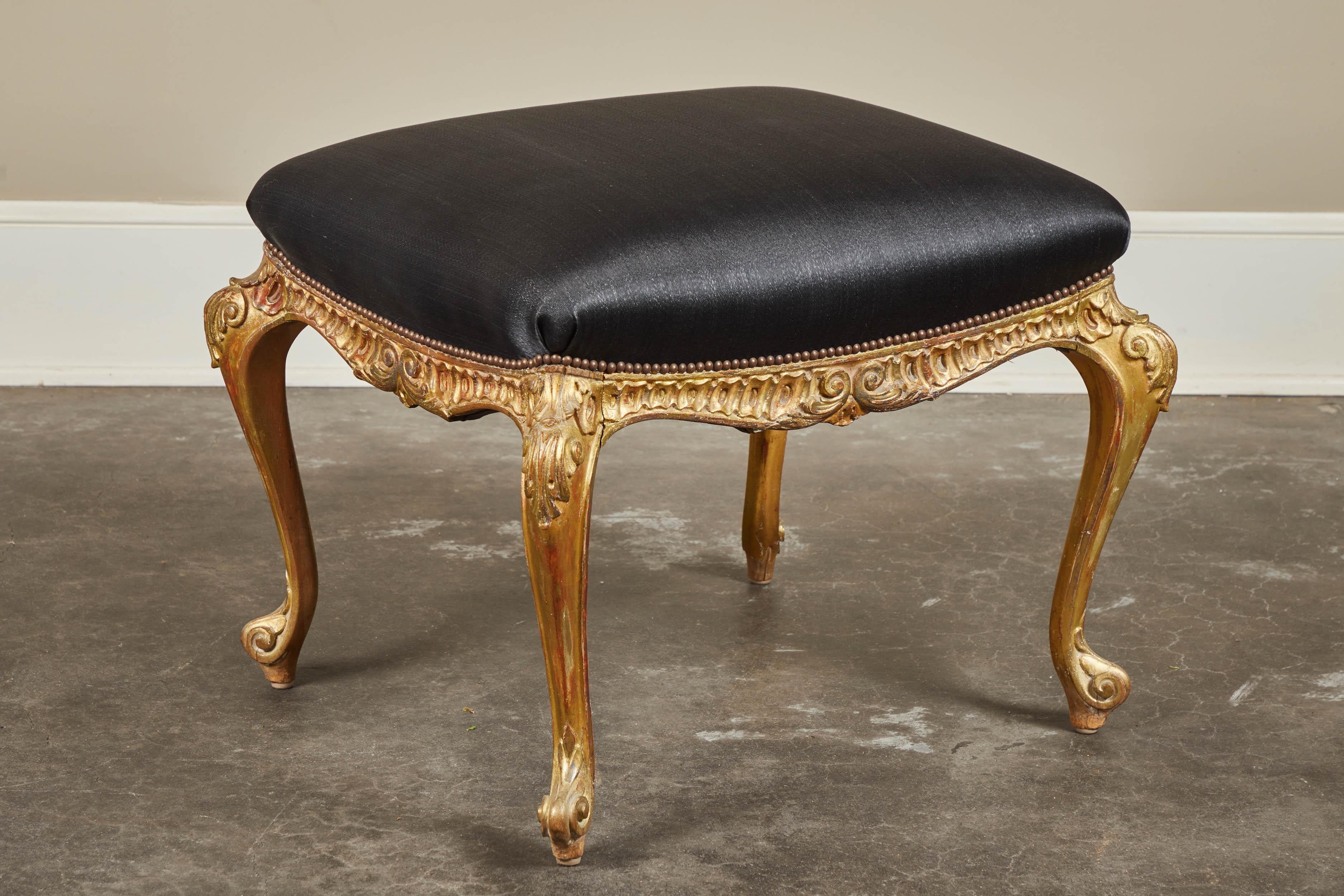 Wood 19th Century Italian Gilt and Paint Footstool with Horsehair