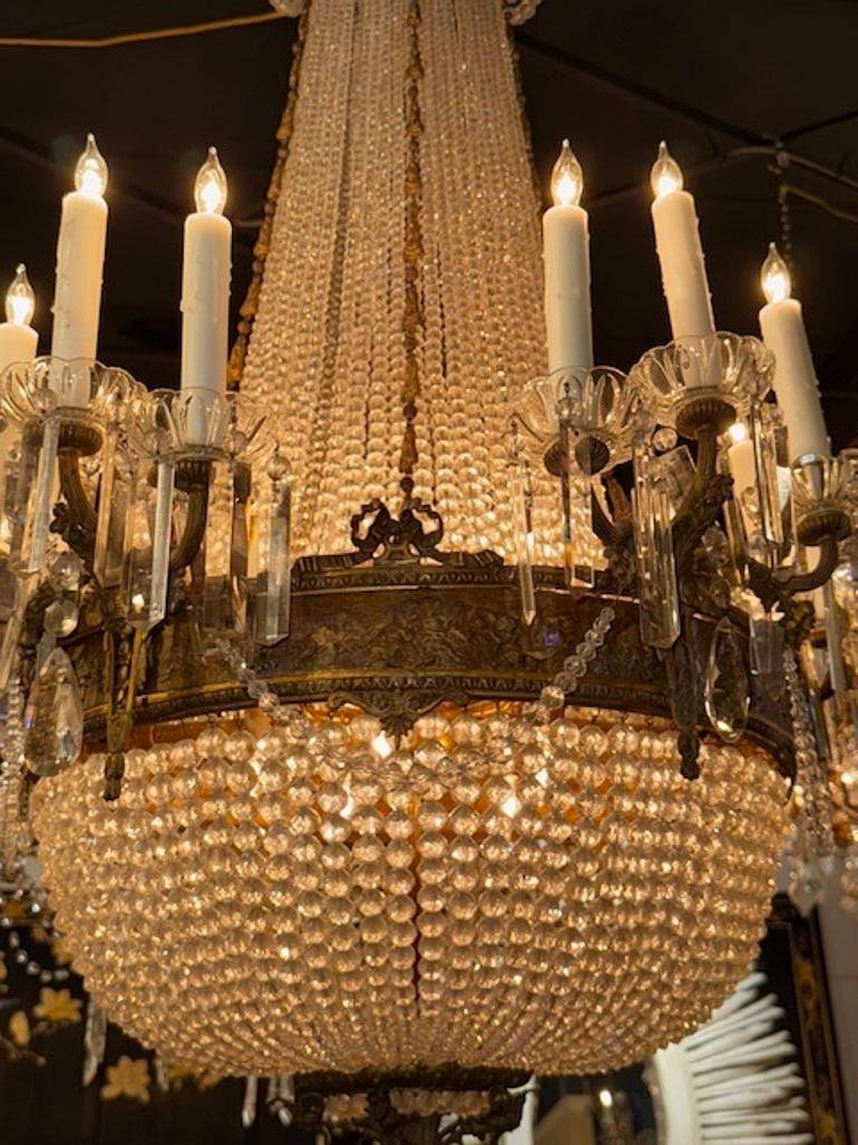 Lampadario a cestello in bronzo dorato e cristallo dell'Ottocento italiano In condizioni buone in vendita a Dallas, TX