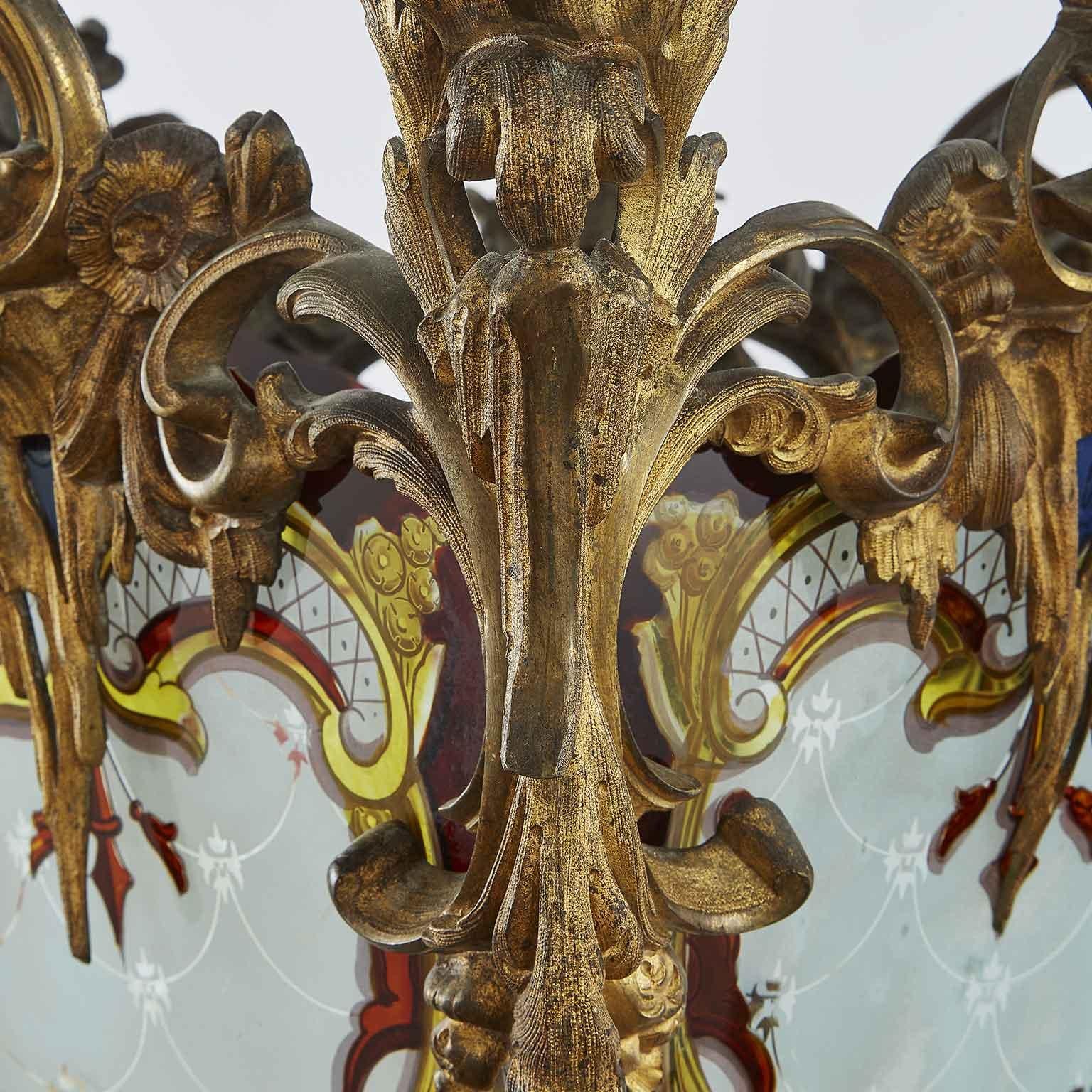 19th Century Italian Gilt Bronze Lantern with Lambrequin Decorated Glasses 12