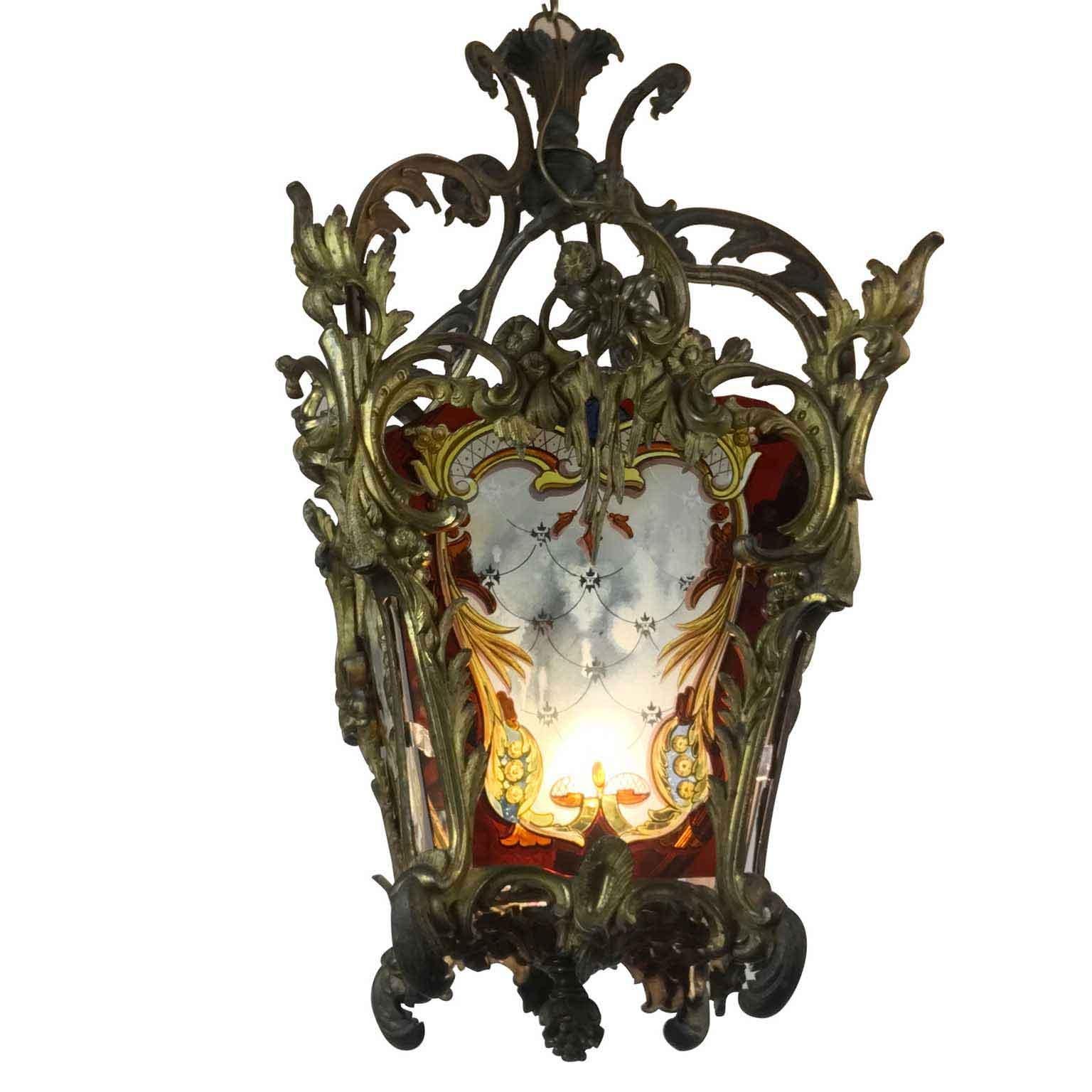 Rococo 19th Century Italian Gilt Bronze Lantern with Lambrequin Decorated Glasses