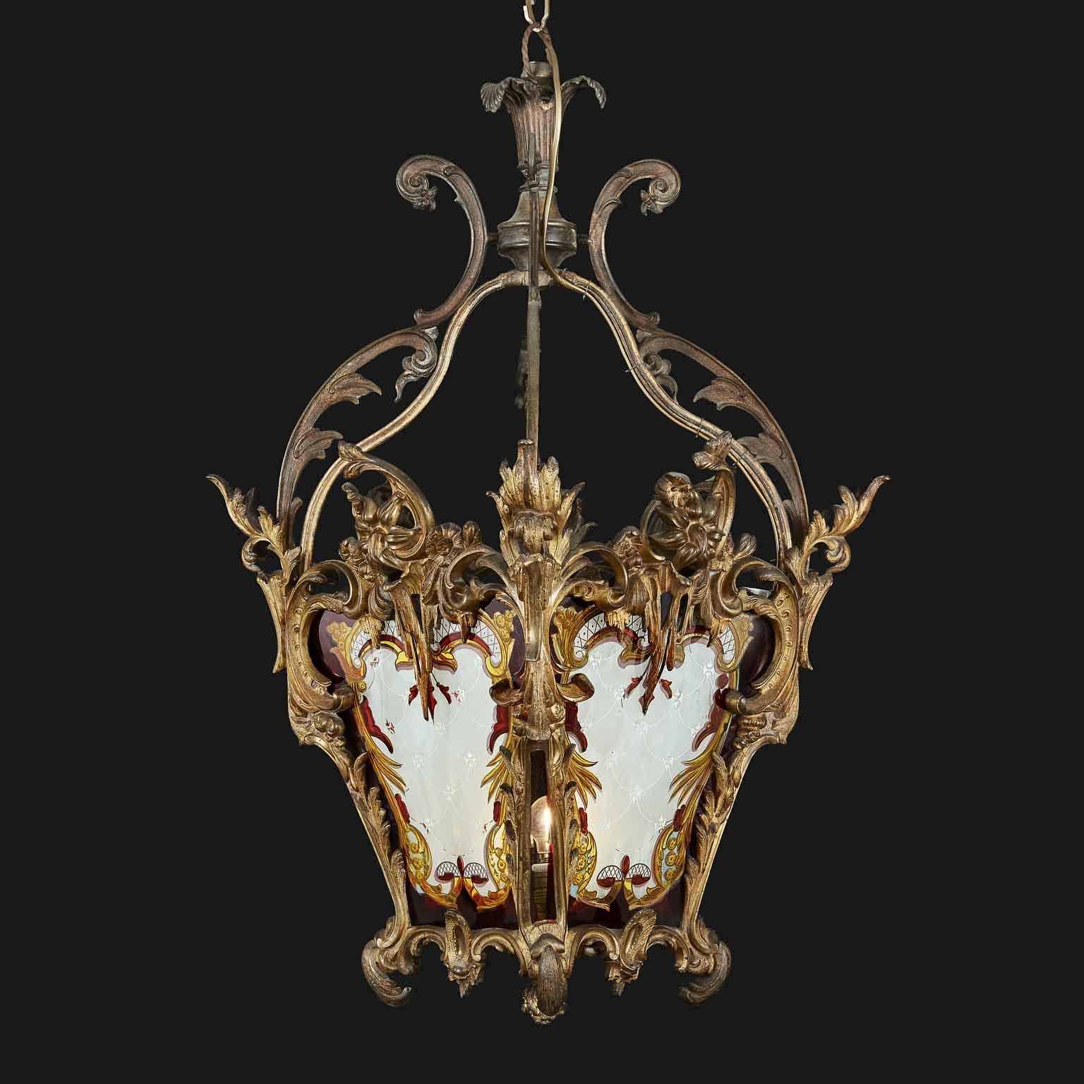 19th Century Italian Gilt Bronze Lantern with Lambrequin Decorated Glasses 1